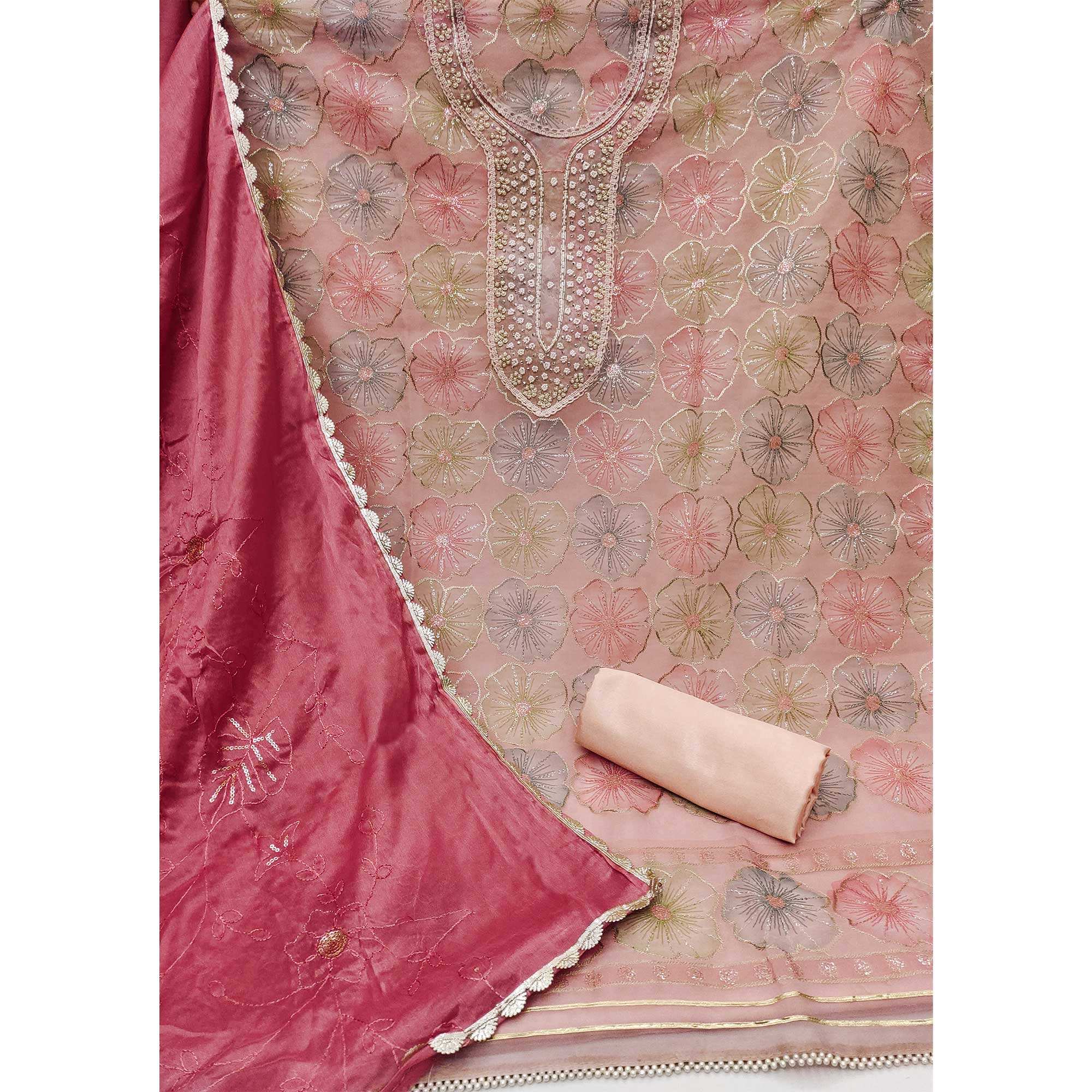 Peach Floral Hand Embroidered Organza Dress Material - Image 2