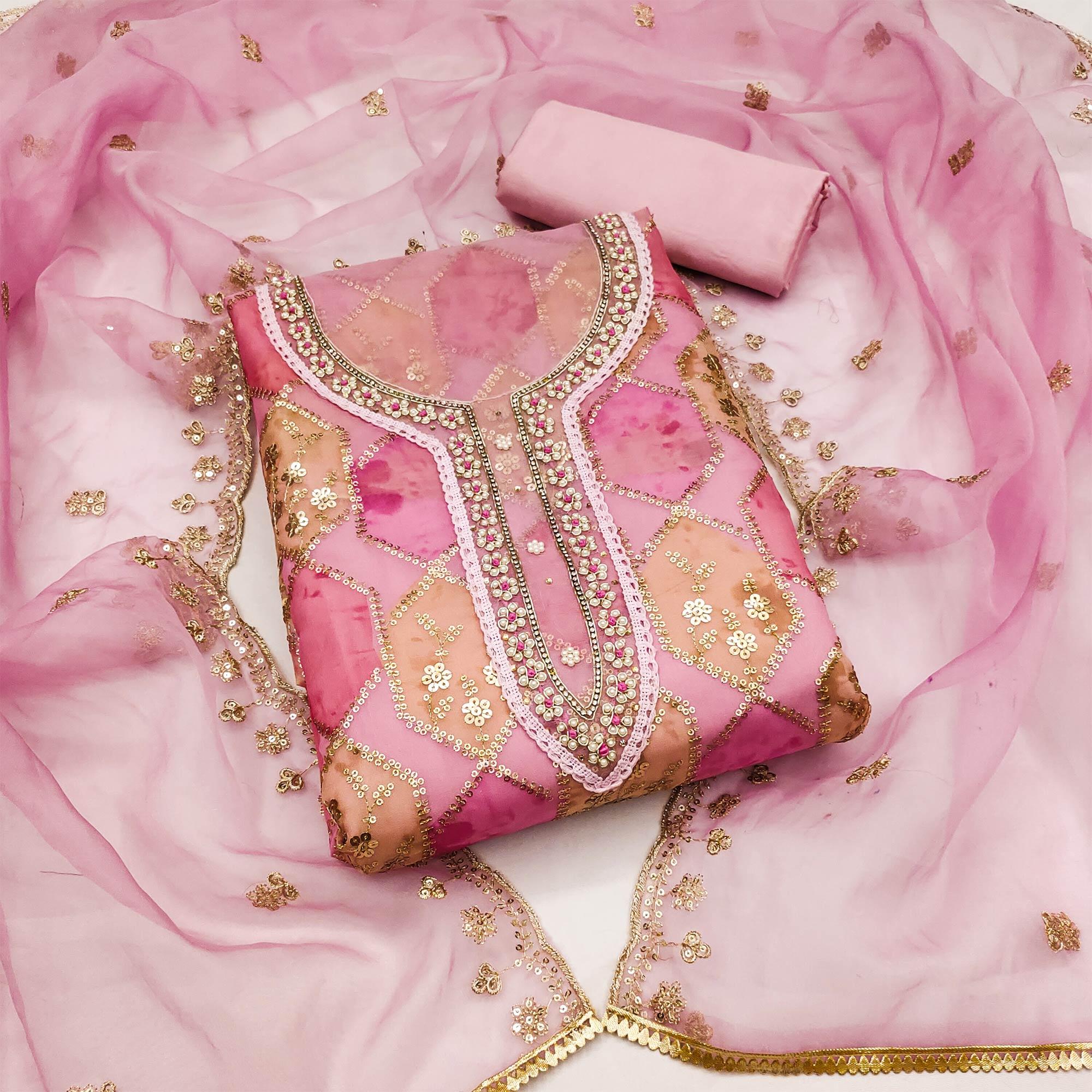 Baby Pink Sequence Embroidered With Handwork Organza Dress Material
