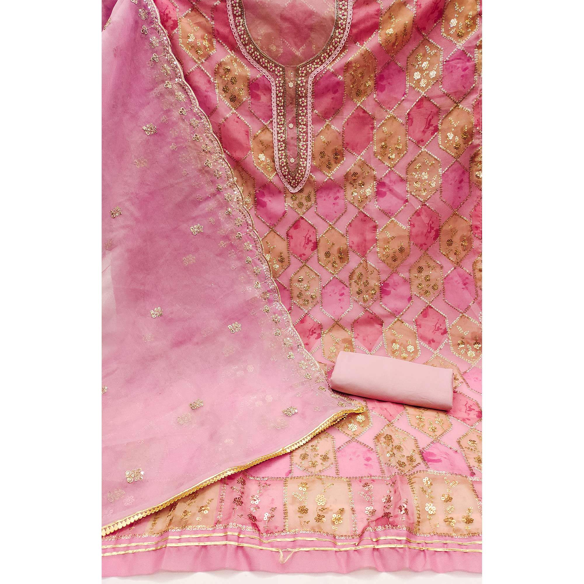 Baby Pink Sequence Embroidered With Handwork Organza Dress Material - Image 2