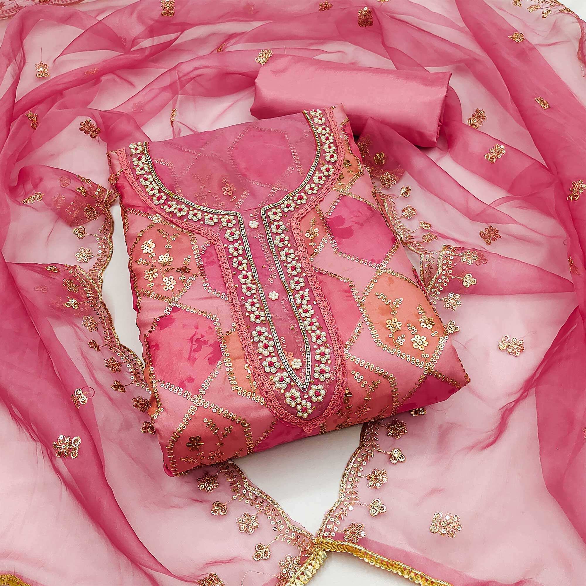 Gajari Pink Sequence Embroidered With Handwork Organza Dress Material
