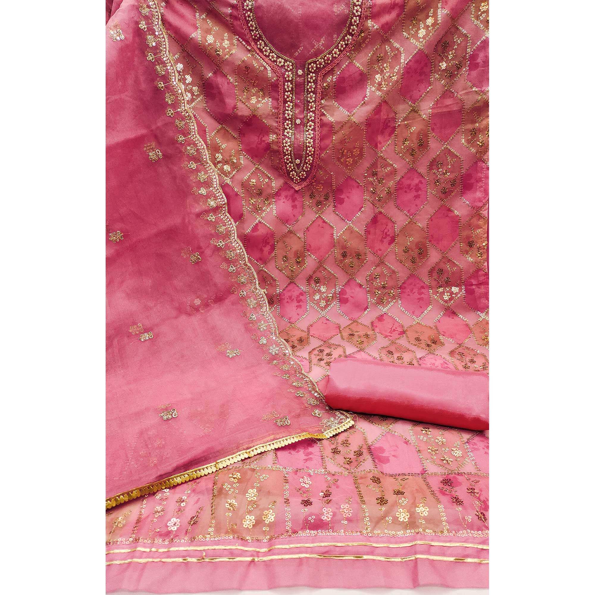 Gajari Pink Sequence Embroidered With Handwork Organza Dress Material - Image 2