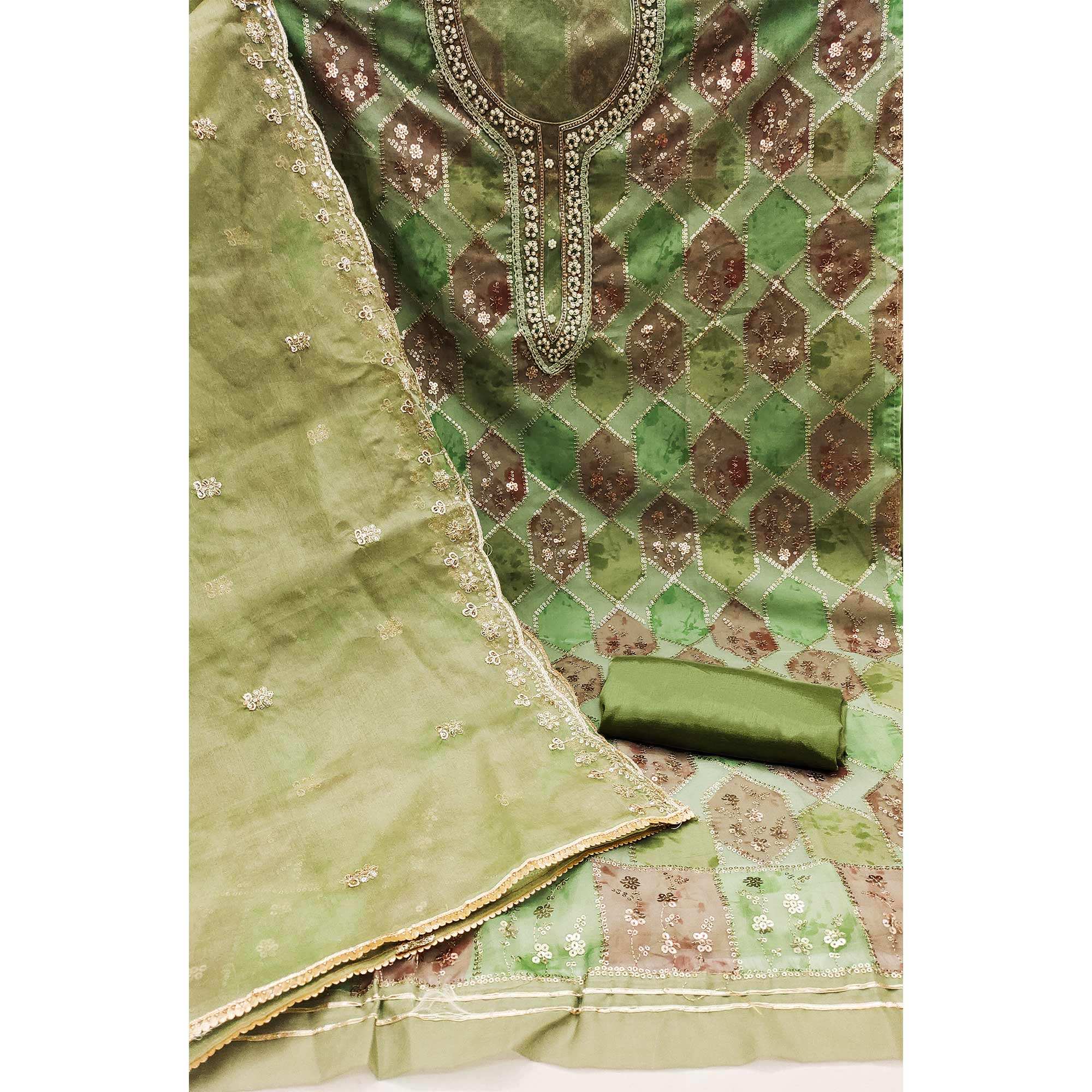 Green Sequence Embroidered With Handwork Organza Dress Material - Image 2