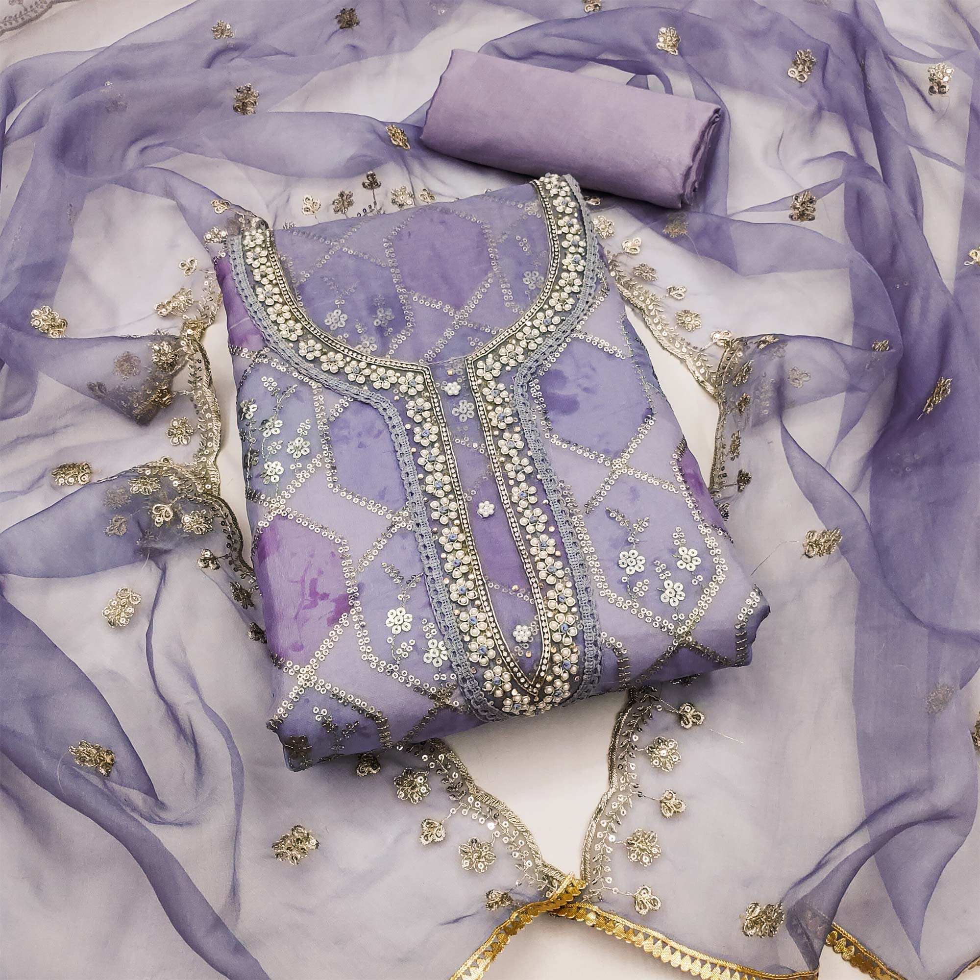Lavender Sequence Embroidered With Handwork Organza Dress Material