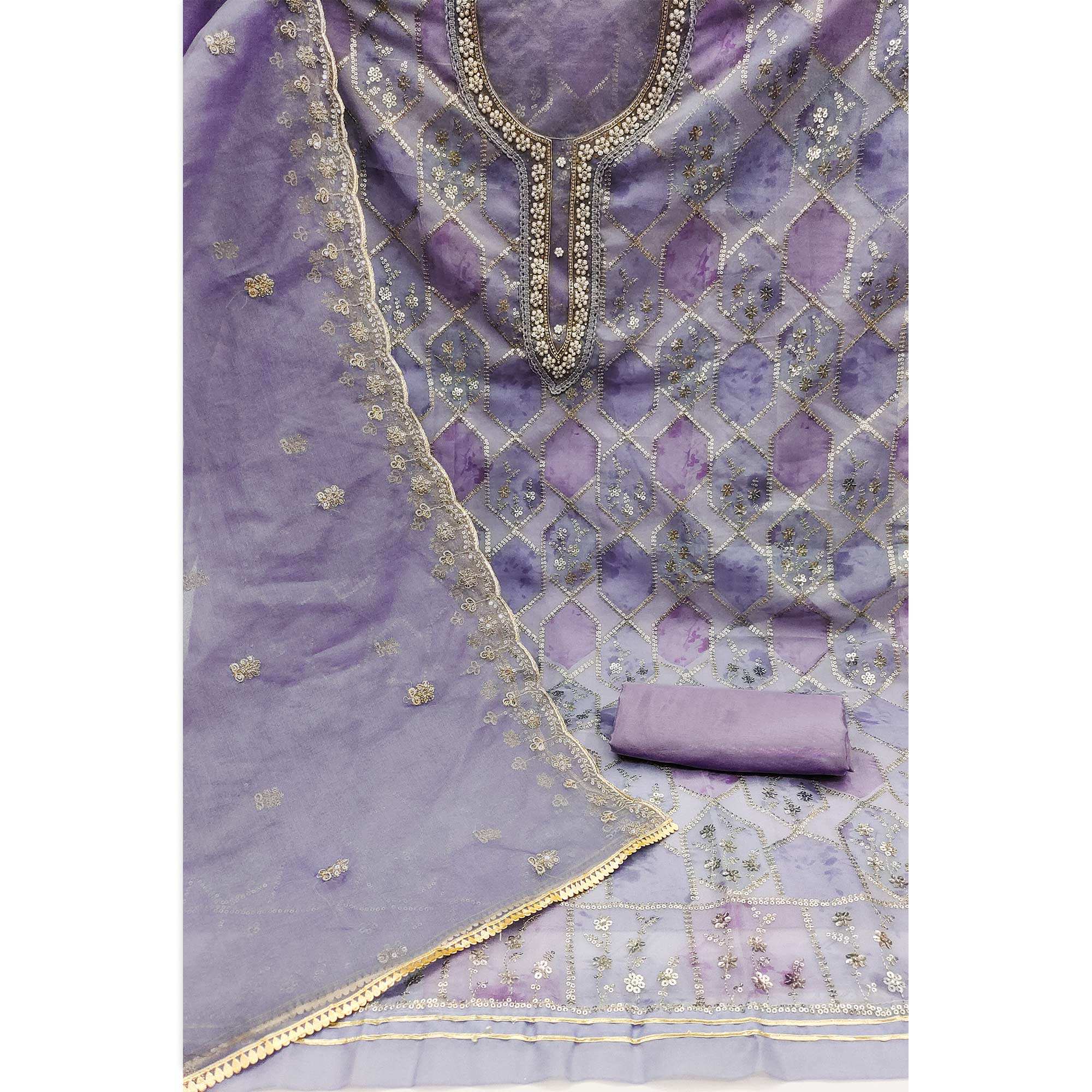 Lavender Sequence Embroidered With Handwork Organza Dress Material - Image 2