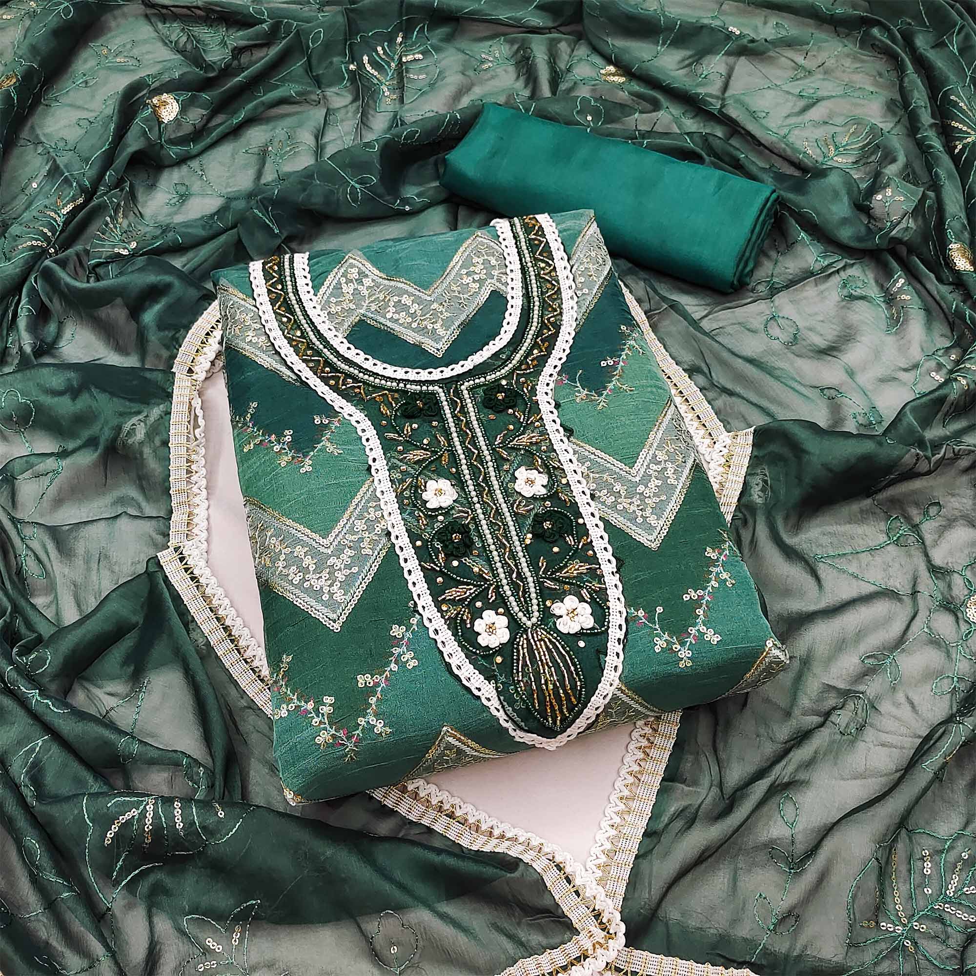 Green Sequence Embroidered With Handwork Organza Dress Material
