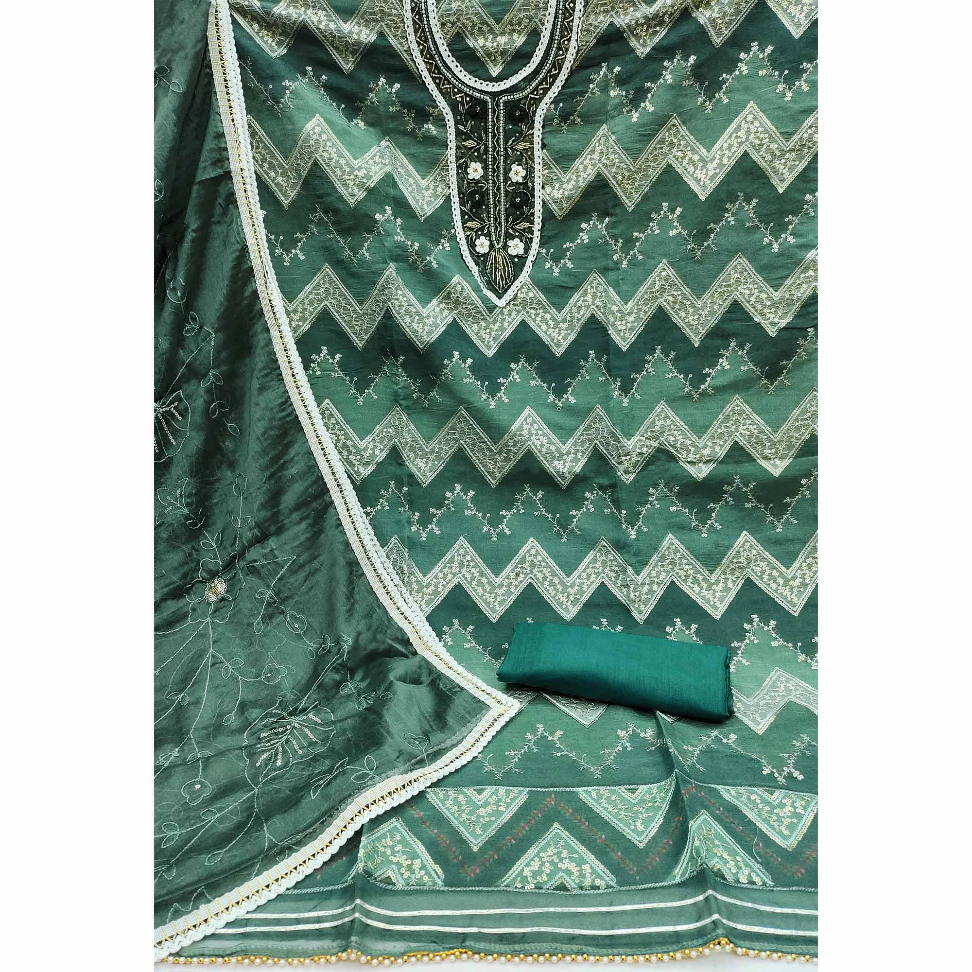 Green Sequence Embroidered With Handwork Organza Dress Material - Image 2
