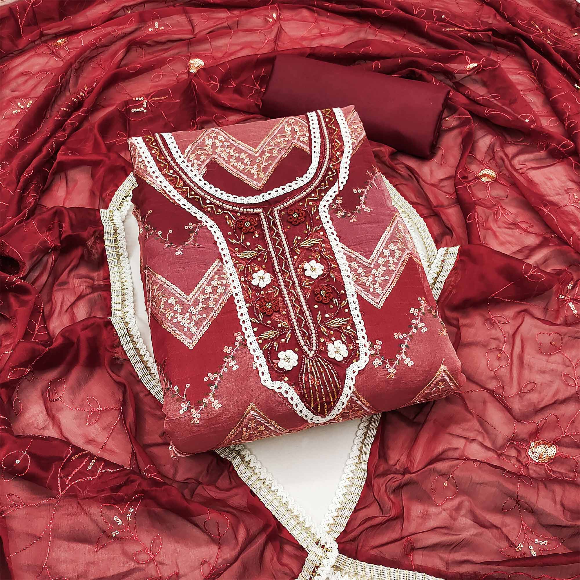 Maroon Sequence Embroidered With Handwork Organza Dress Material