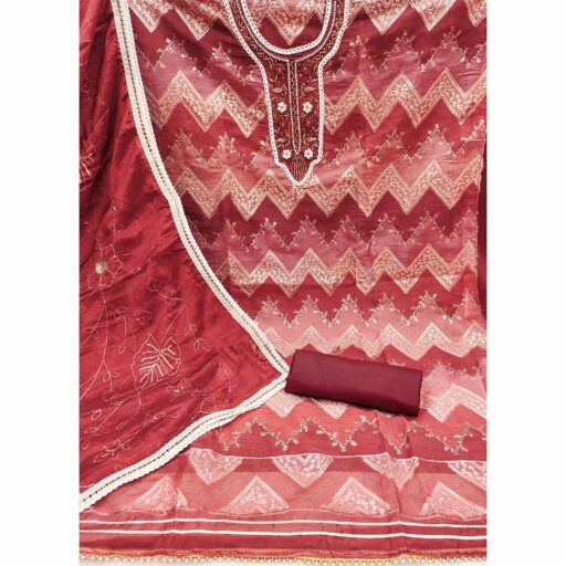 Maroon Sequence Embroidered With Handwork Organza Dress Material - Image 2