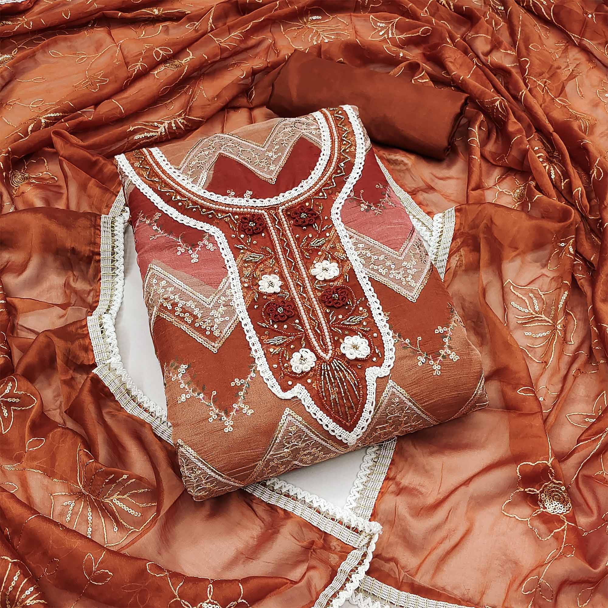 Rust Sequence Embroidered With Handwork Organza Dress Material
