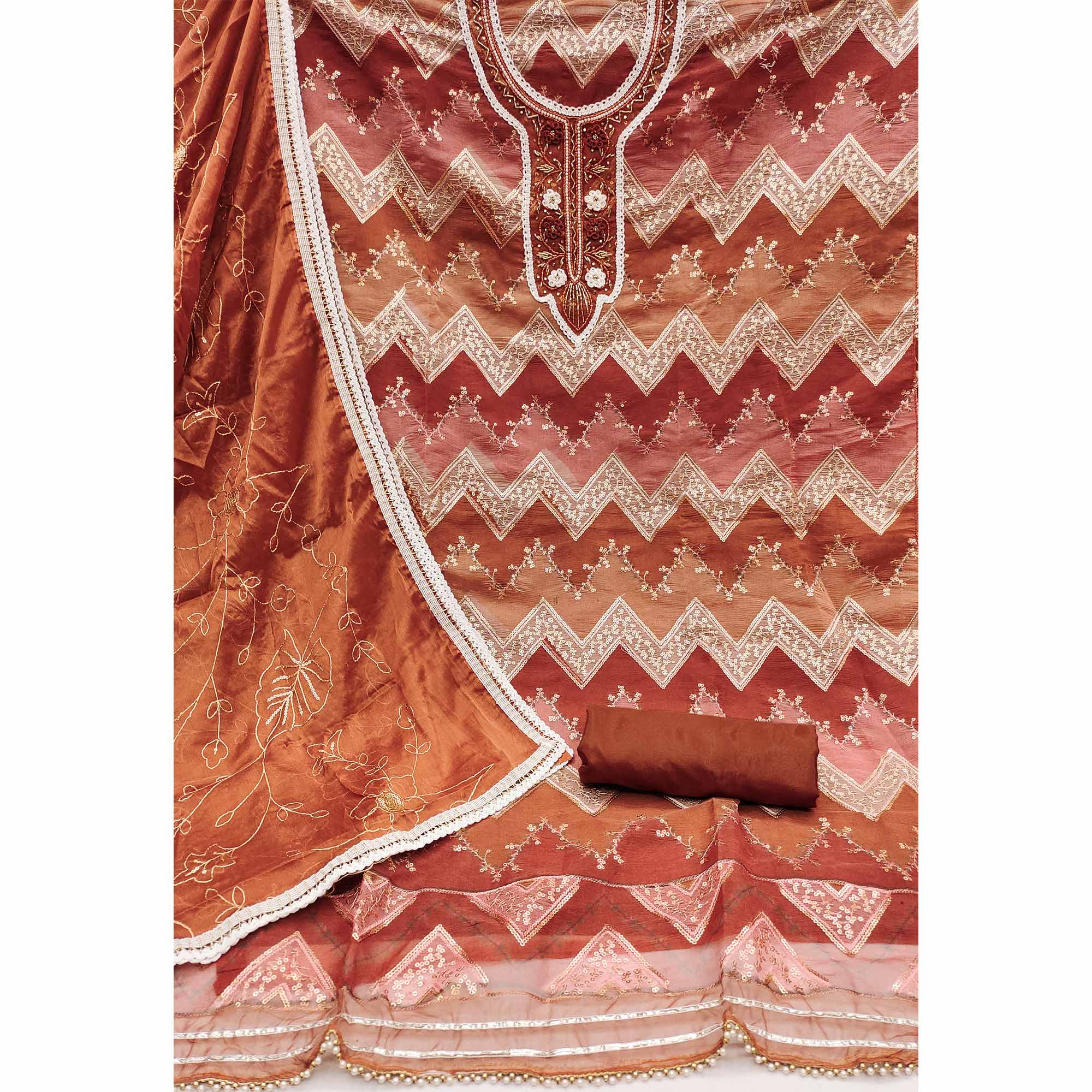 Rust Sequence Embroidered With Handwork Organza Dress Material - Image 2