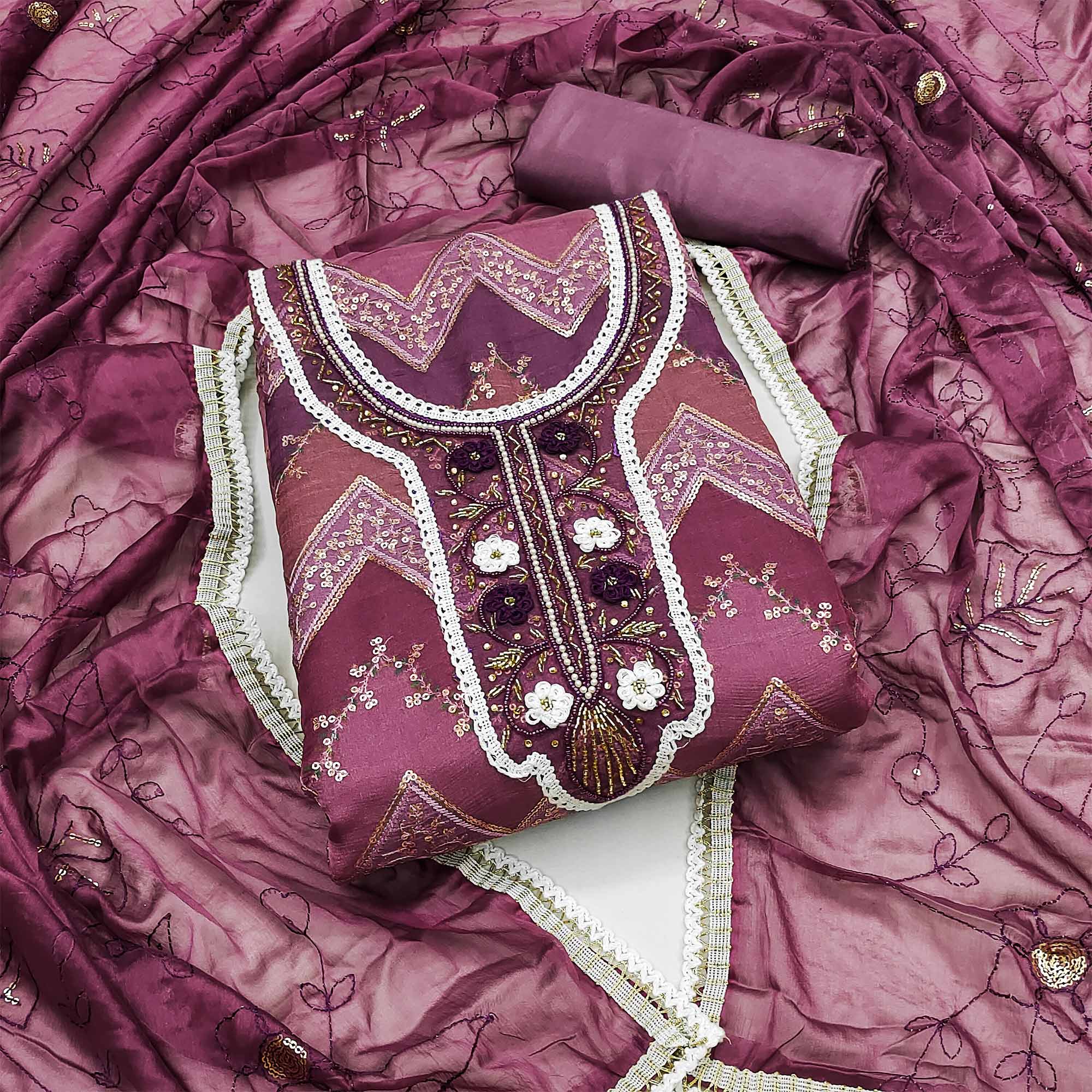 Wine Sequence Embroidered With Handwork Organza Dress Material