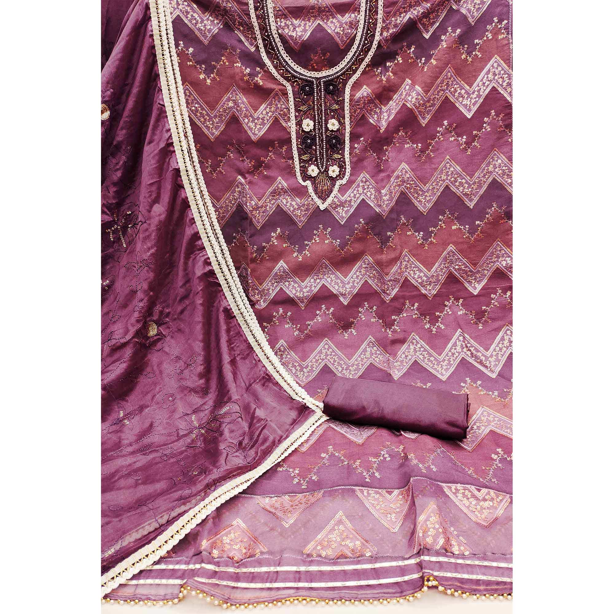 Wine Sequence Embroidered With Handwork Organza Dress Material - Image 2
