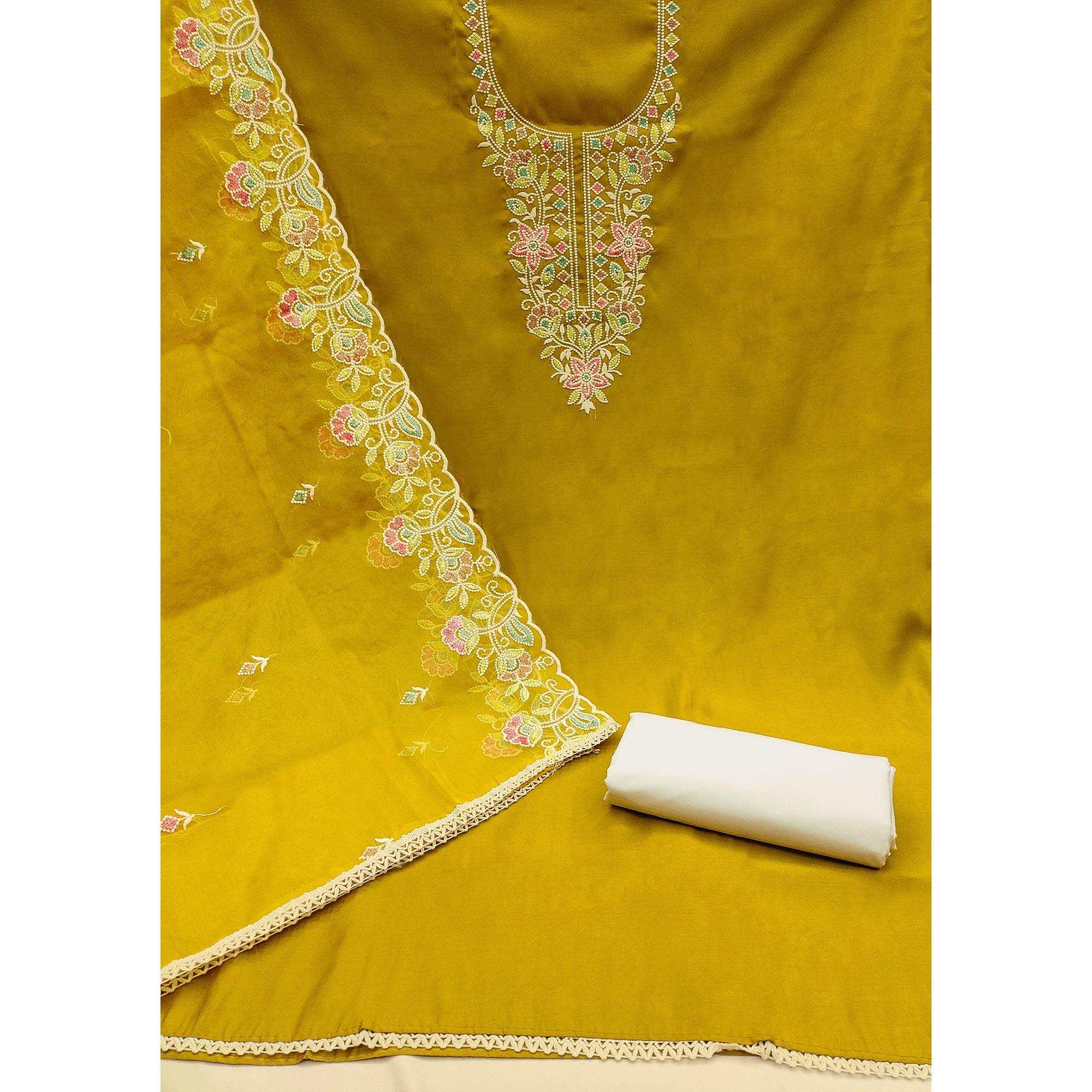 Mustard Floral Embroidered Cotton Silk Dress Material - Image 2