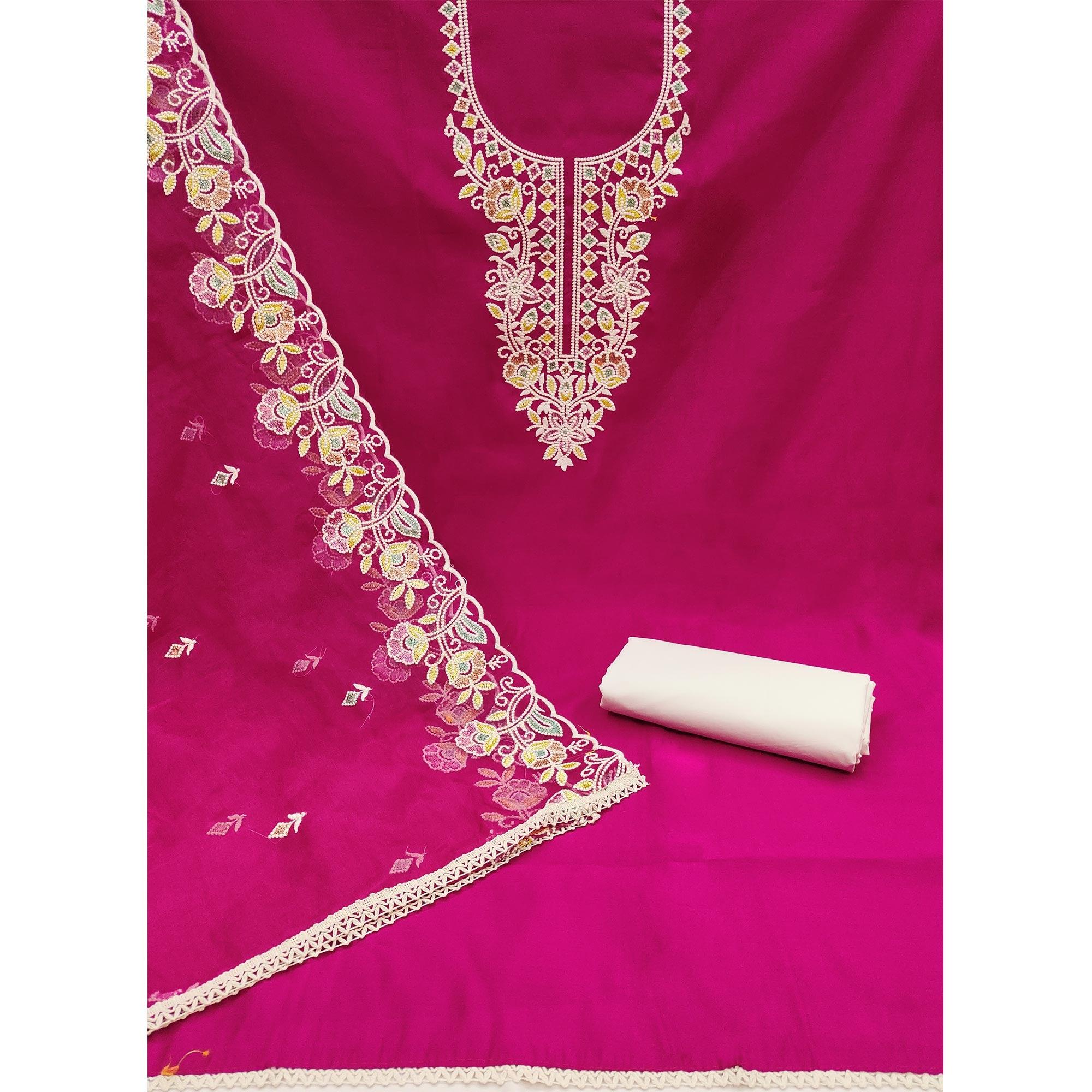 Pink Floral Embroidered Cotton Silk Dress Material - Image 2
