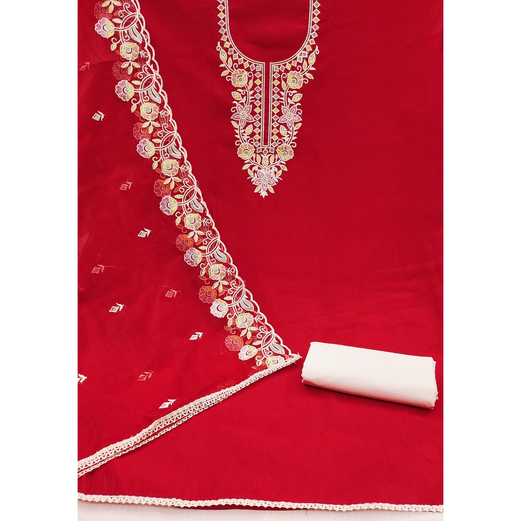 Red Floral Embroidered Cotton Silk Dress Material - Image 2