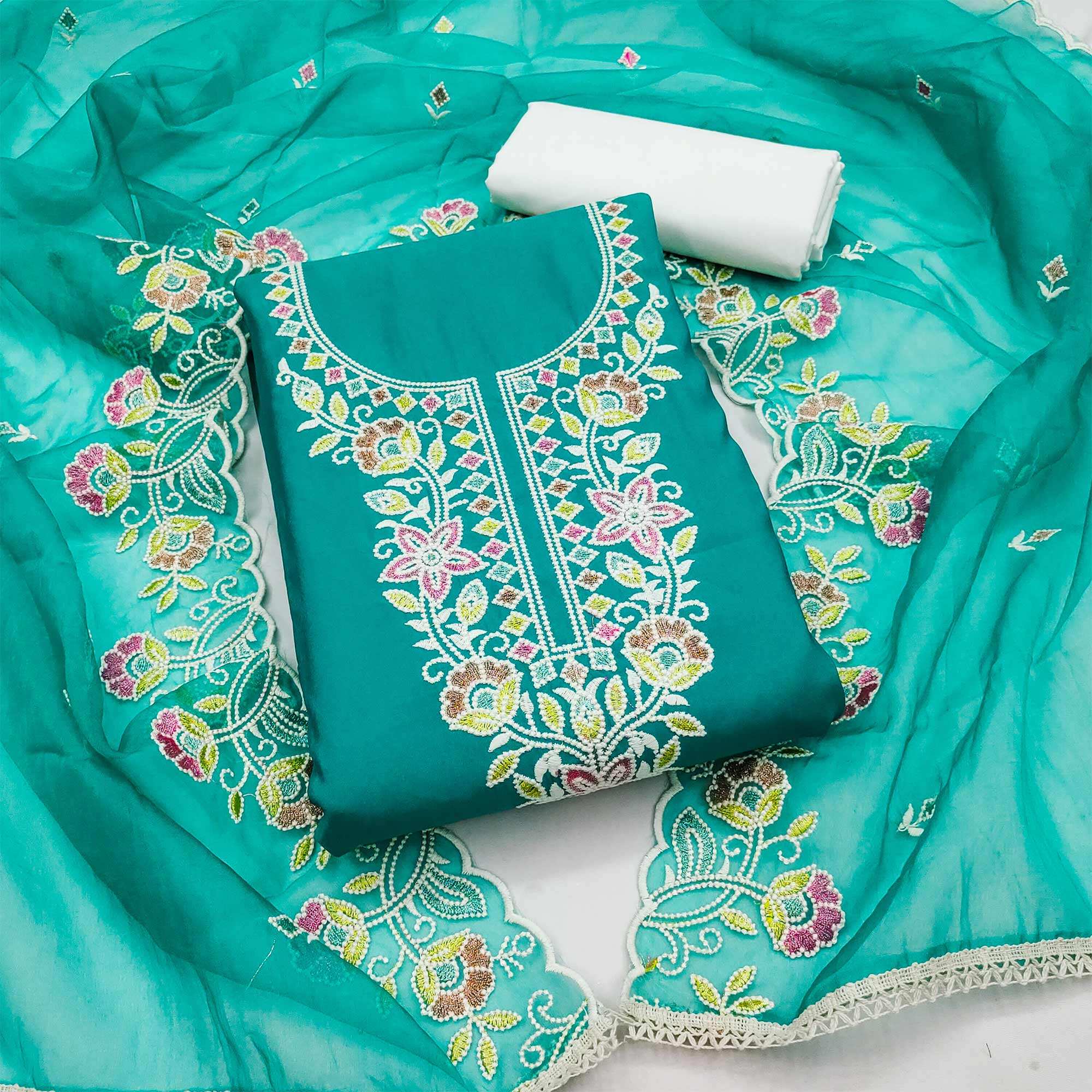 Rama Green Floral Embroidered Cotton Silk Dress Material