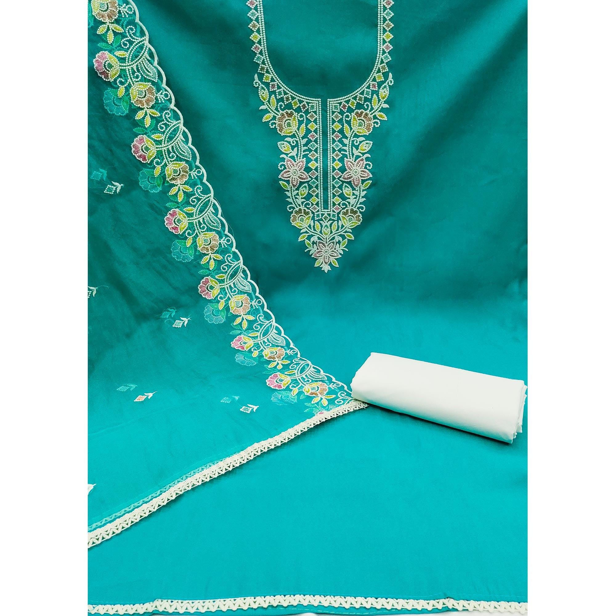 Rama Green Floral Embroidered Cotton Silk Dress Material - Image 2