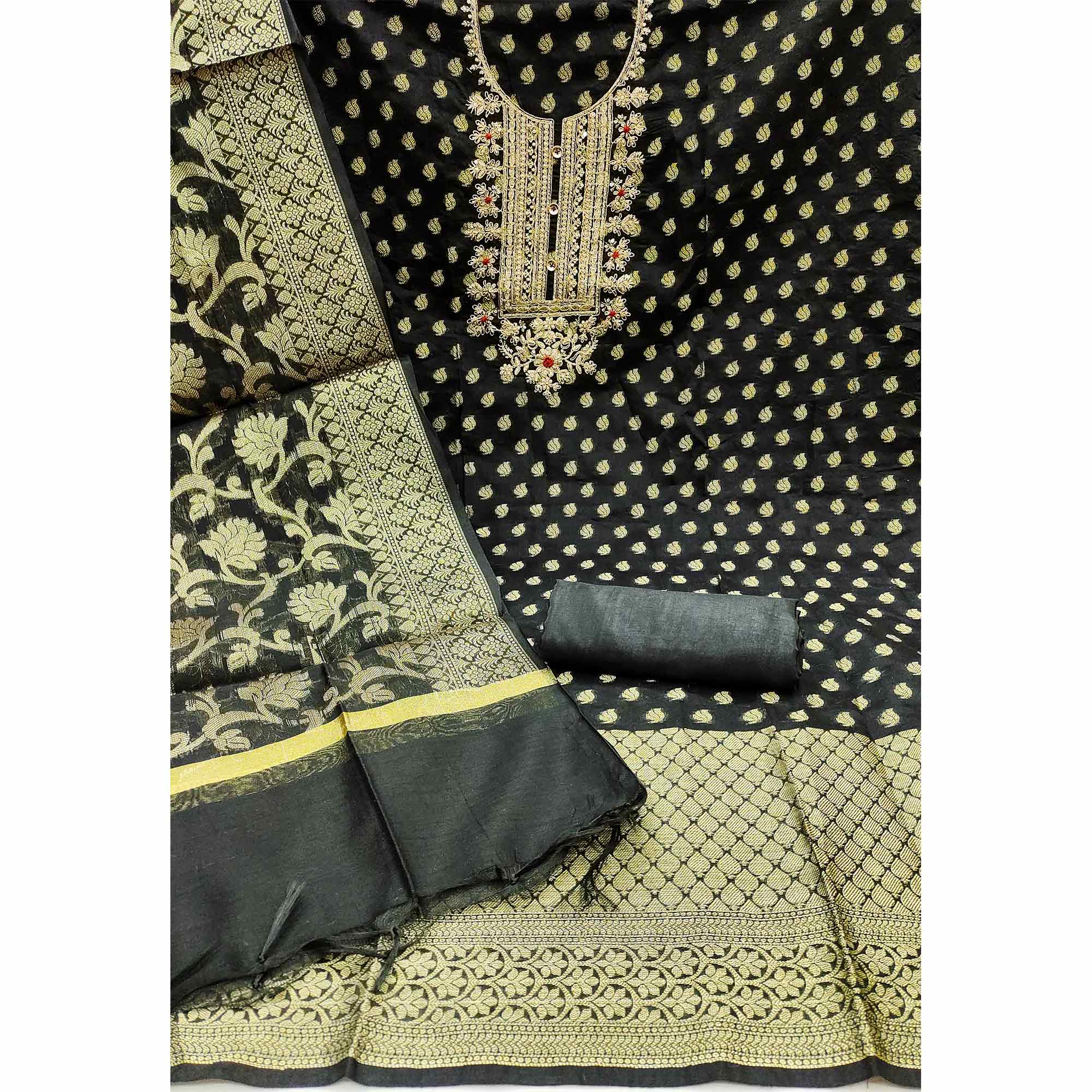 Black Woven With Embroidered Banarasi Silk Dress Material - Image 2