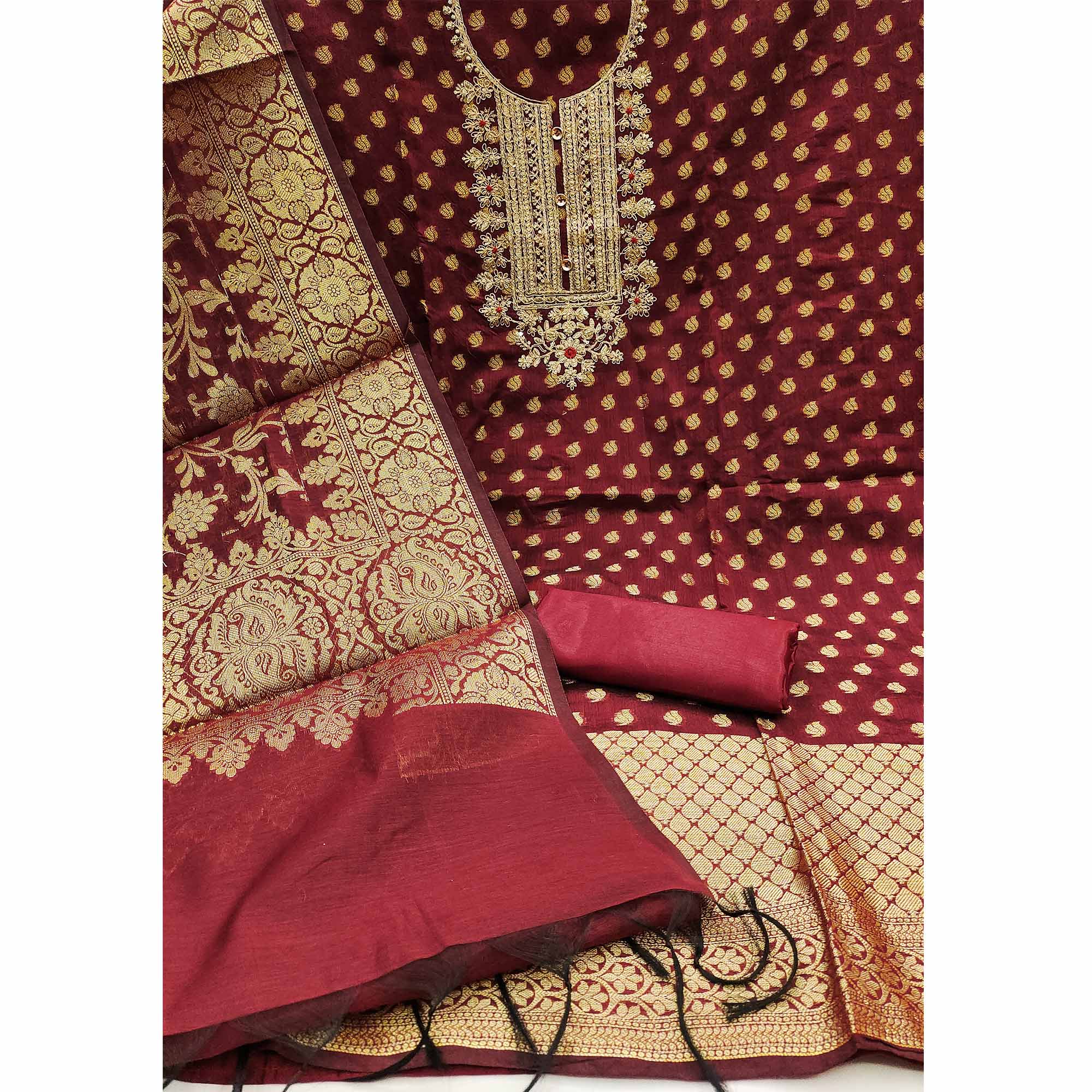 Maroon Woven With Embroidered Banarasi Silk Dress Material - Image 2