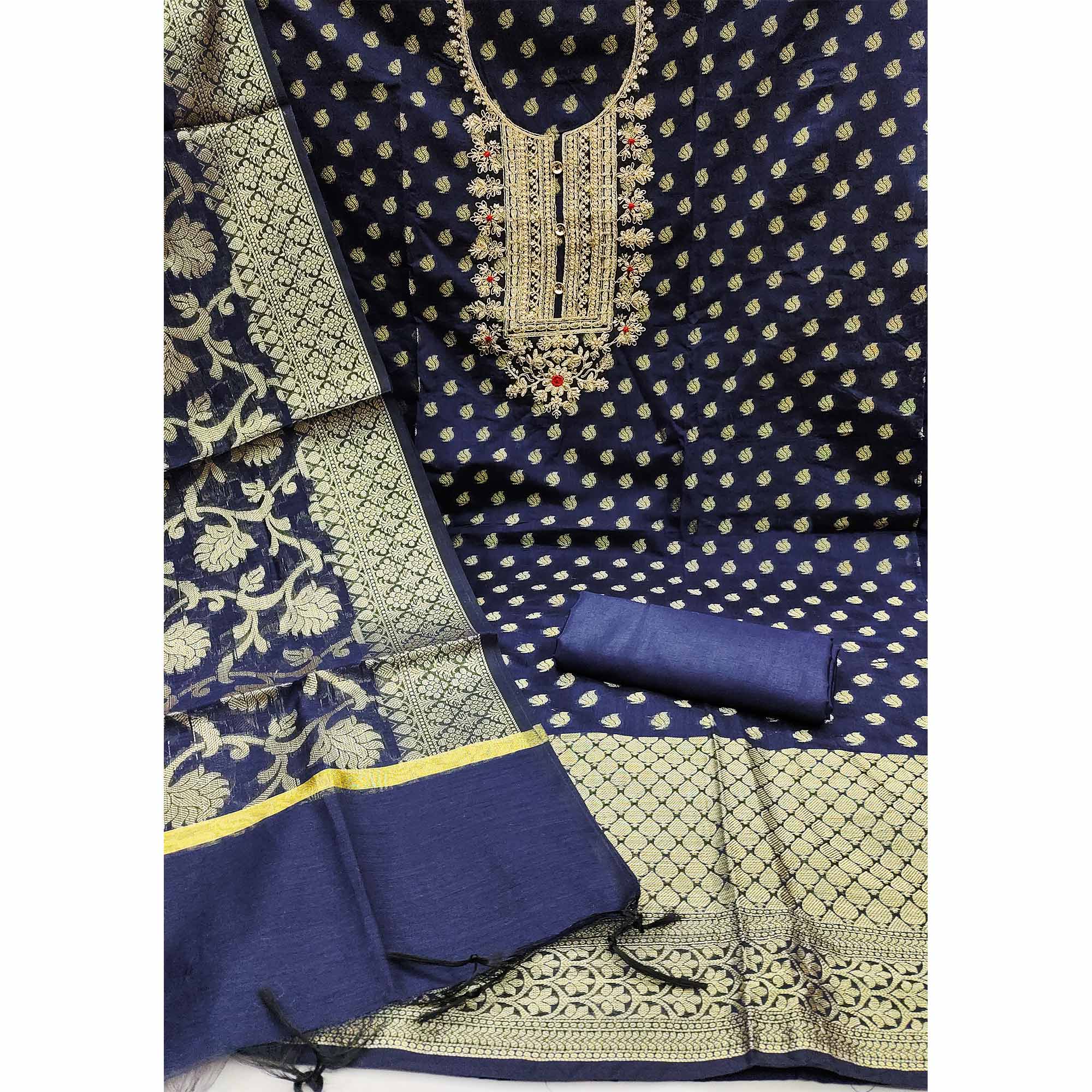 Navy Blue Woven With Embroidered Banarasi Silk Dress Material - Image 2