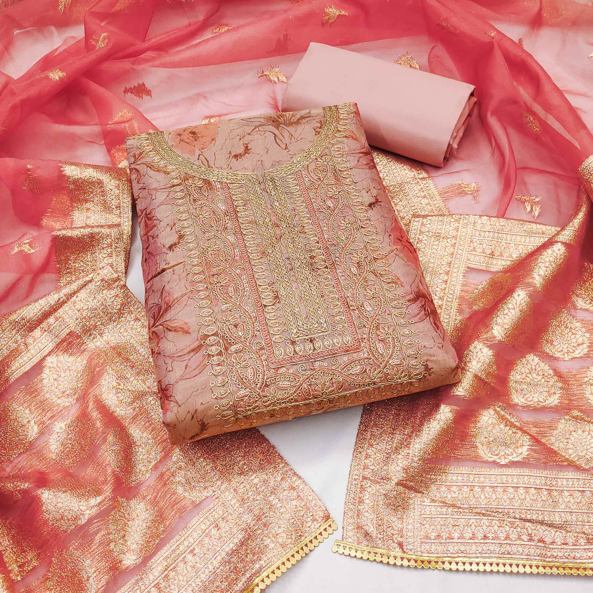 Peach Floral Digital Printed With Embroidery Viscose Dress Material