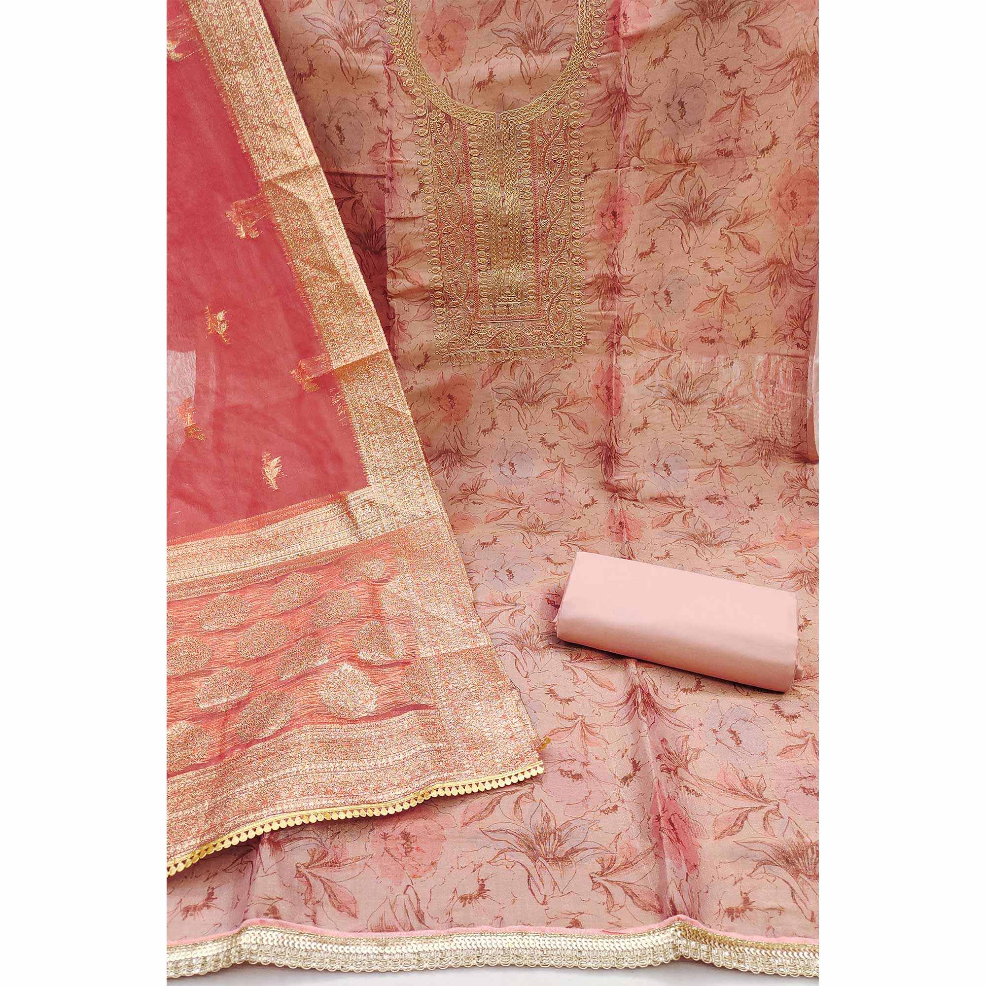 Peach Floral Digital Printed With Embroidery Viscose Dress Material - Image 2