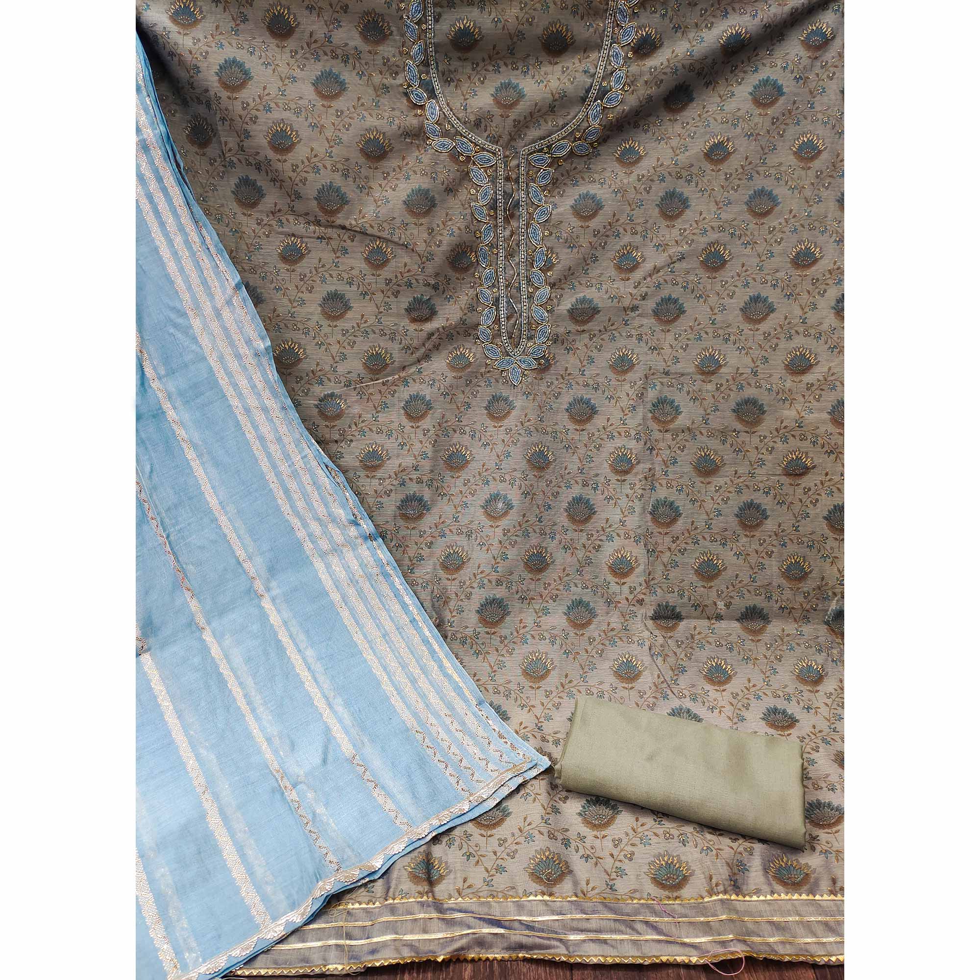Grey Printed With Handwork Modal Dress Material - Image 2