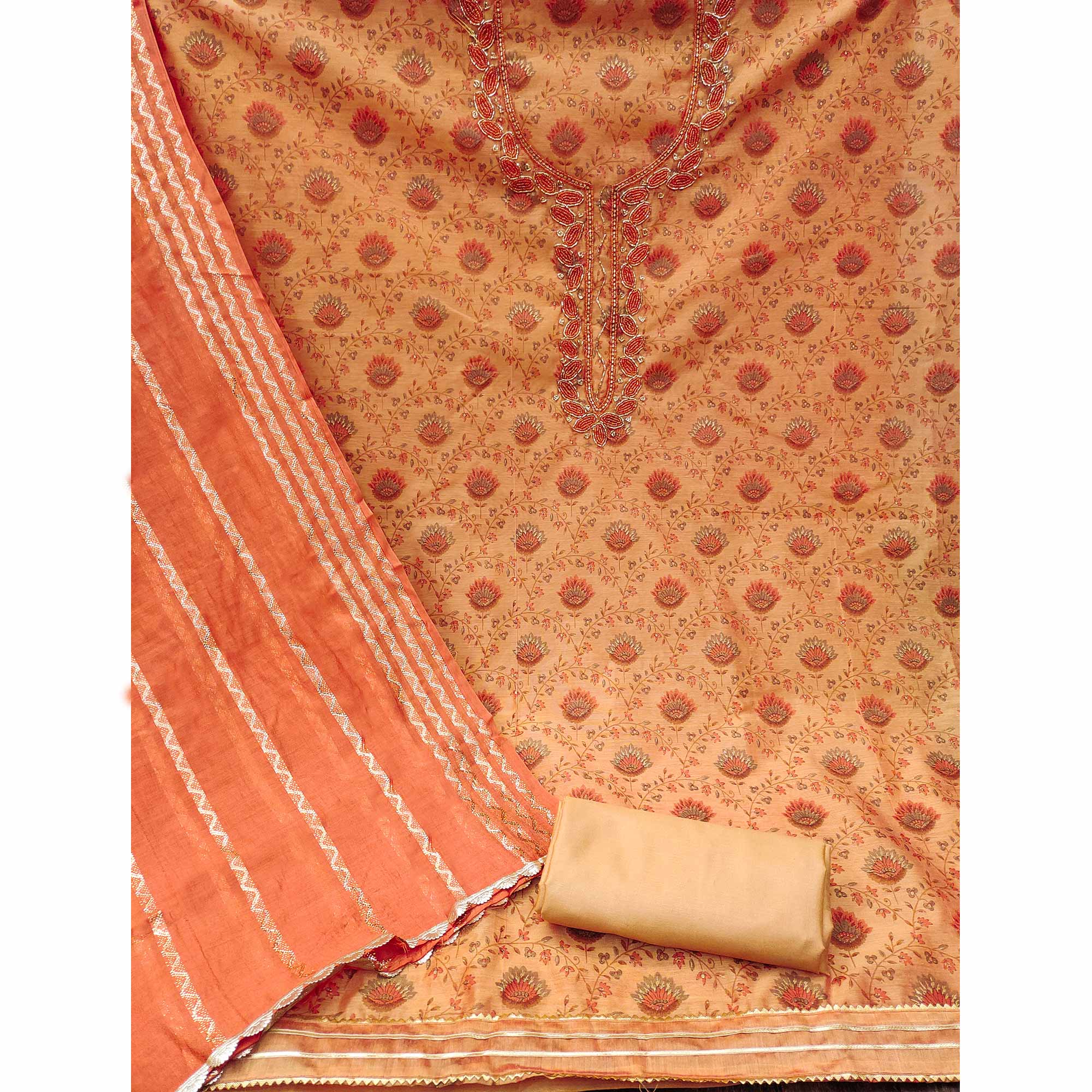 Orange Printed With Handwork Modal Dress Material - Image 2