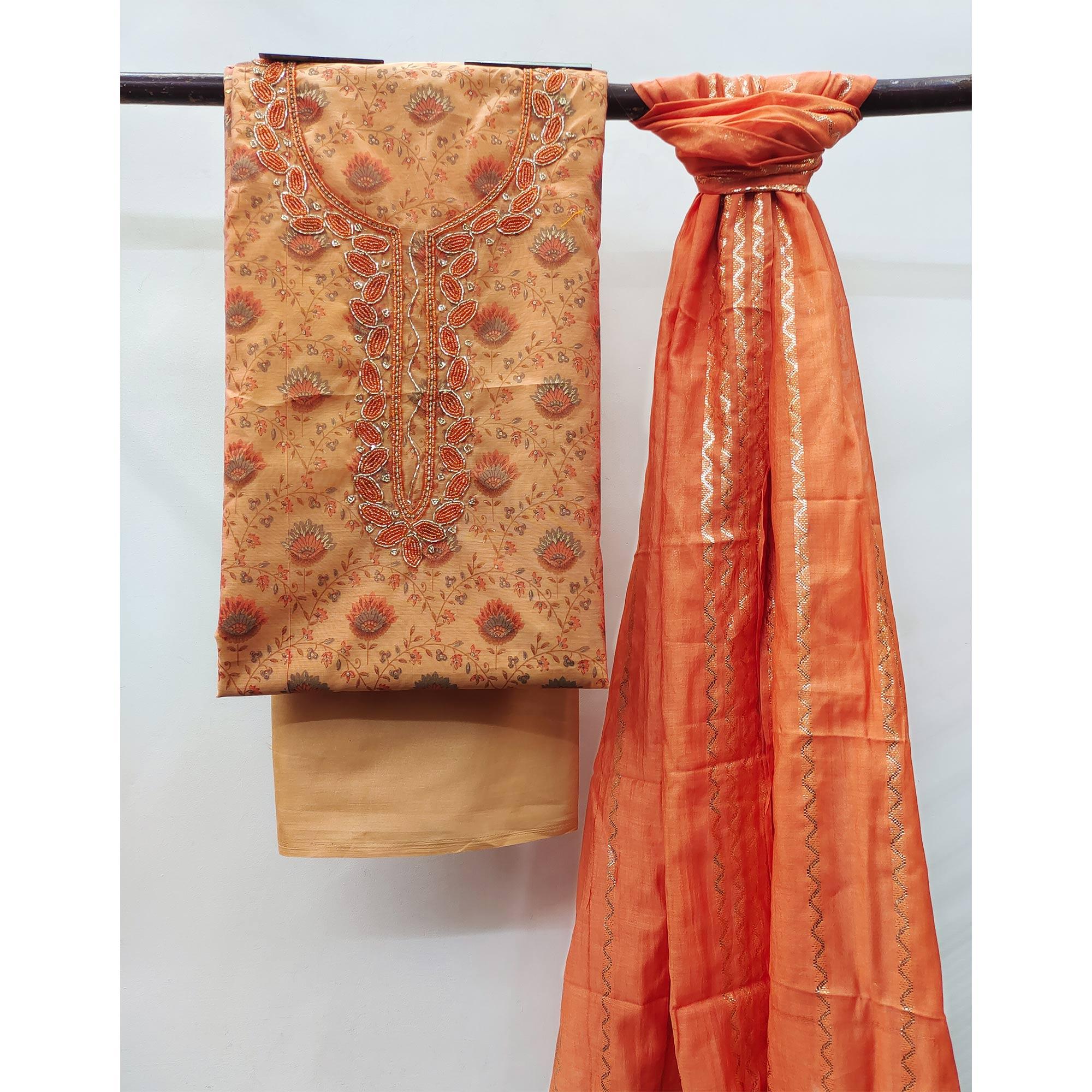 Orange Printed With Handwork Modal Dress Material - Image 3