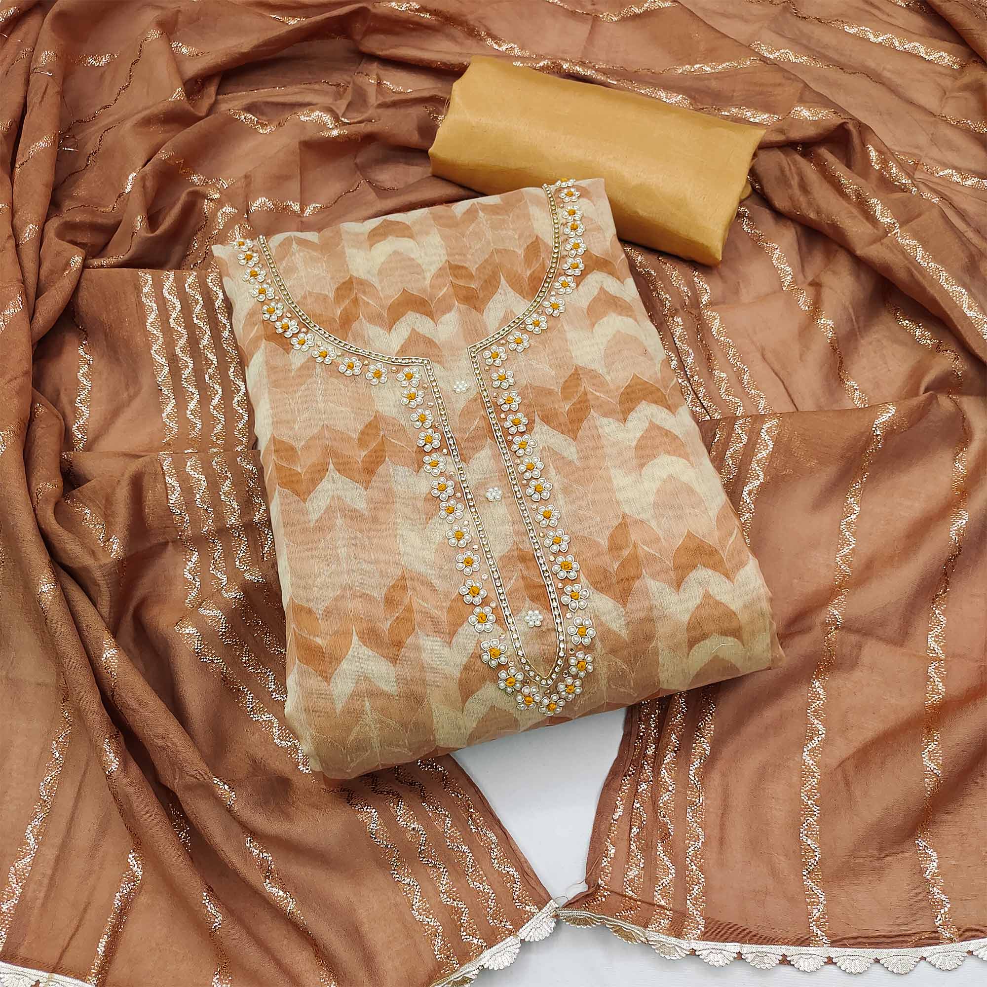 Brown Printed With Handwork Modal Dress Material