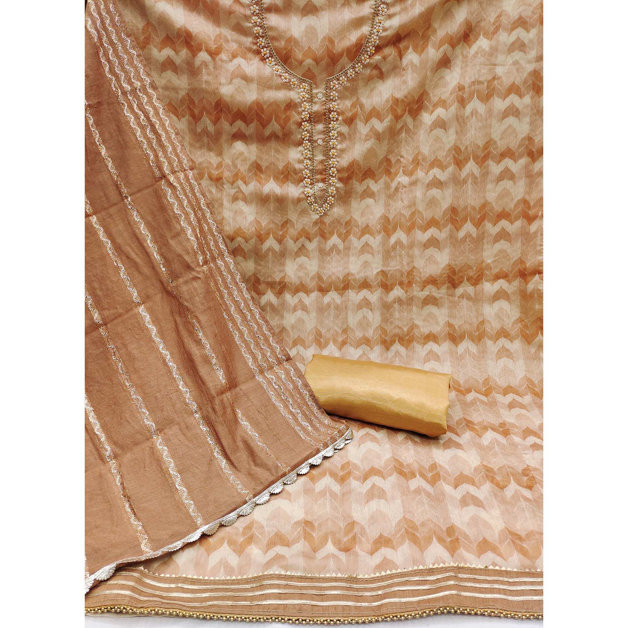 Brown Printed With Handwork Modal Dress Material - Image 2