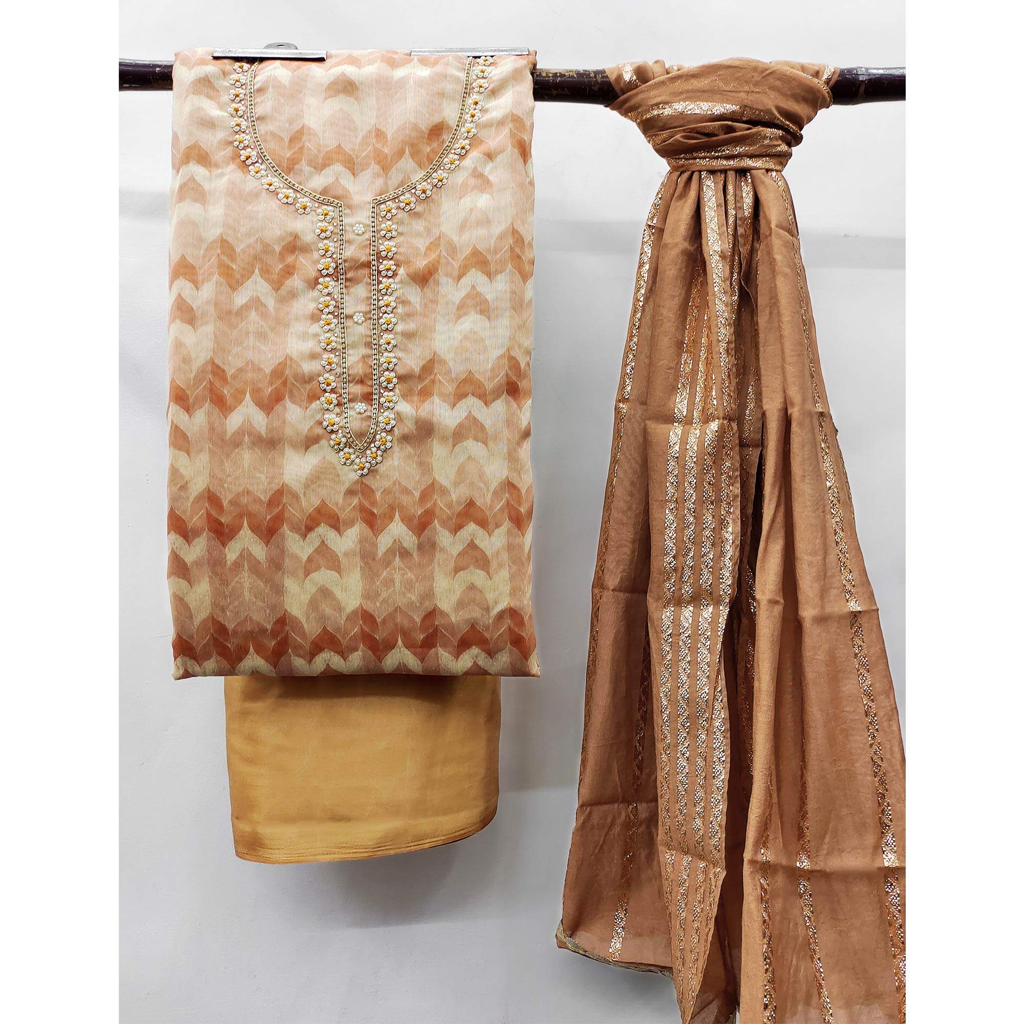 Brown Printed With Handwork Modal Dress Material - Image 3