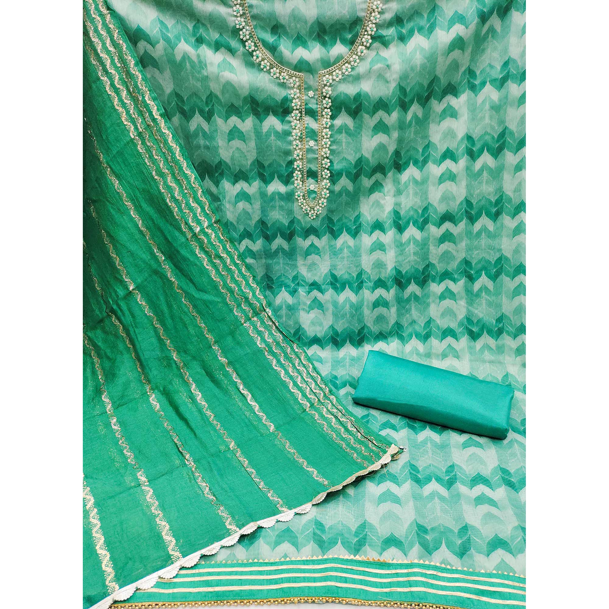 Green Printed With Handwork Modal Dress Material - Image 2