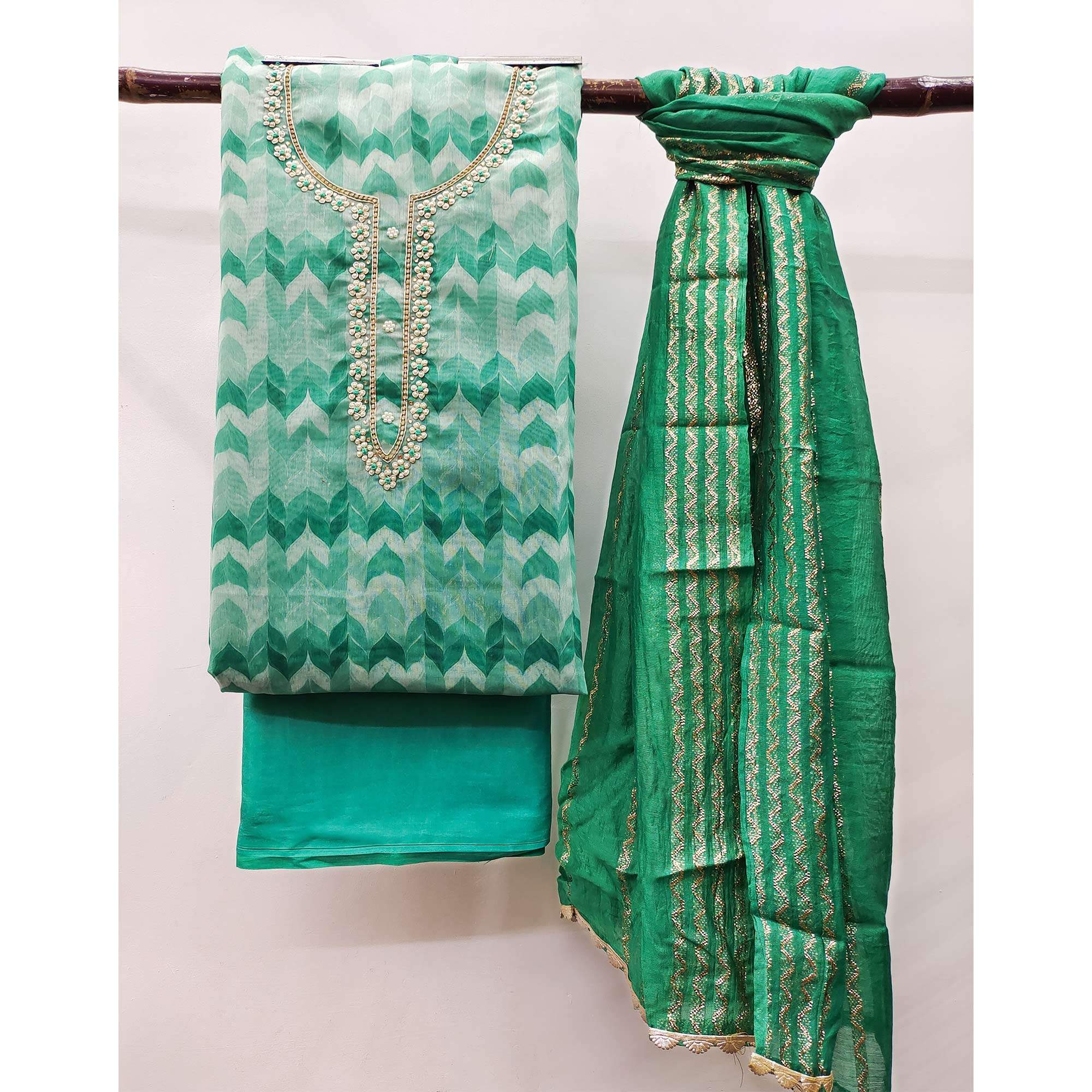 Green Printed With Handwork Modal Dress Material - Image 3