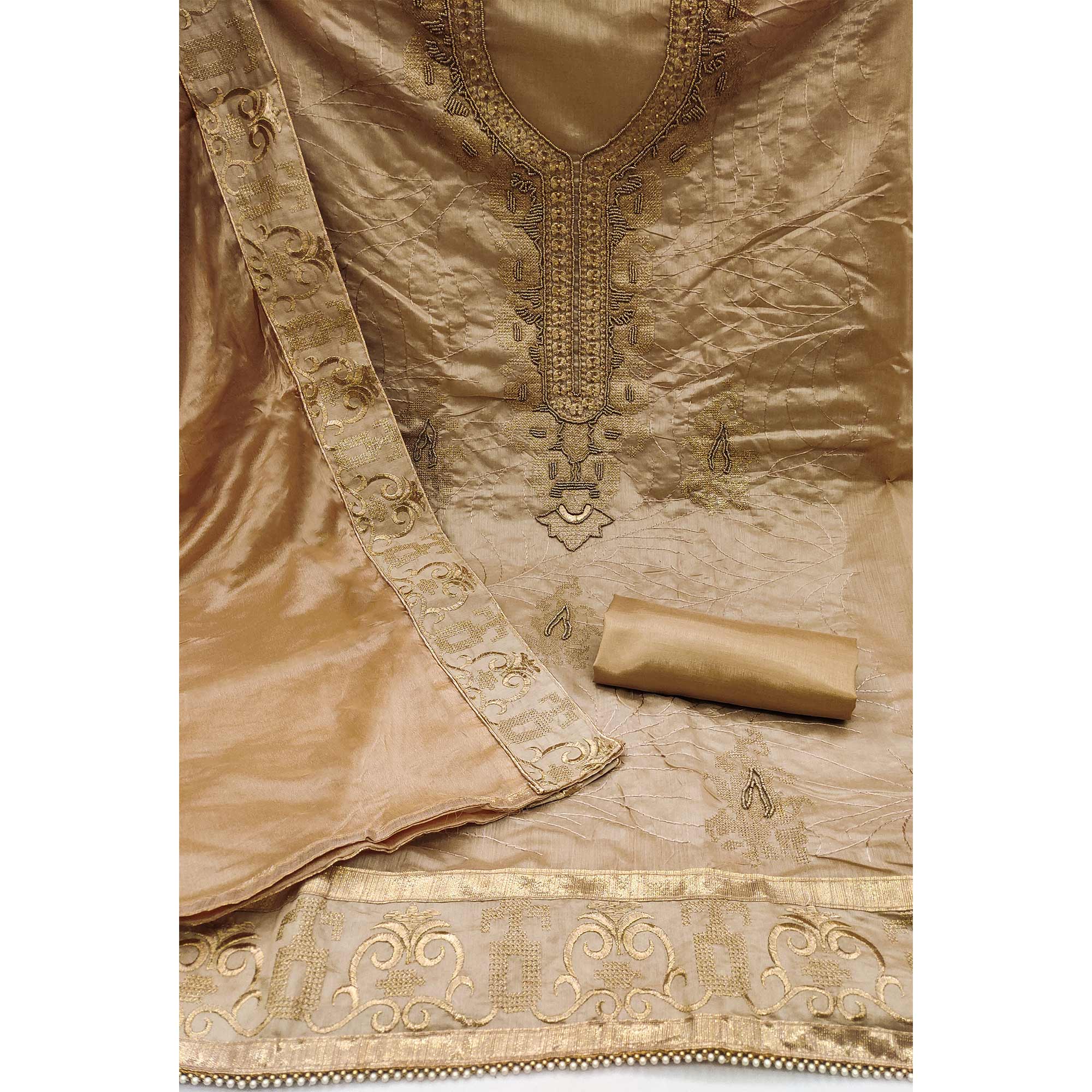 Light Brown Handwork Embroidered Modal Dress Material - Image 2