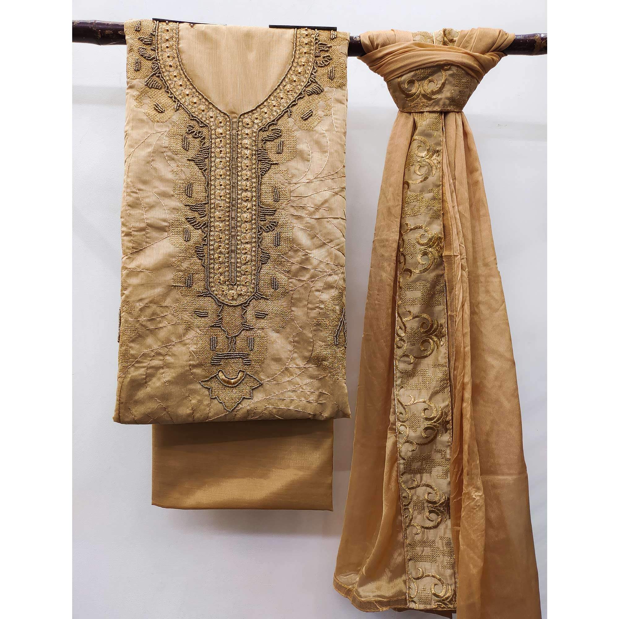 Light Brown Handwork Embroidered Modal Dress Material - Image 3