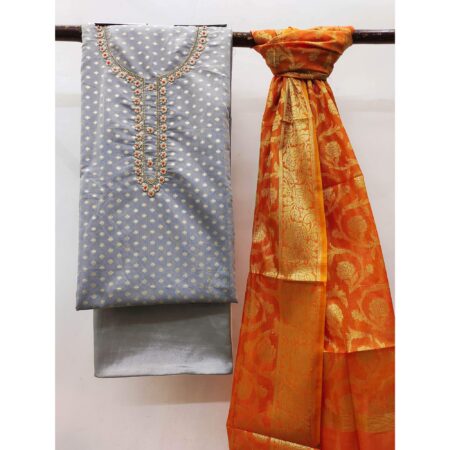 Grey Woven Banarasi Silk Dress Material - Image 2