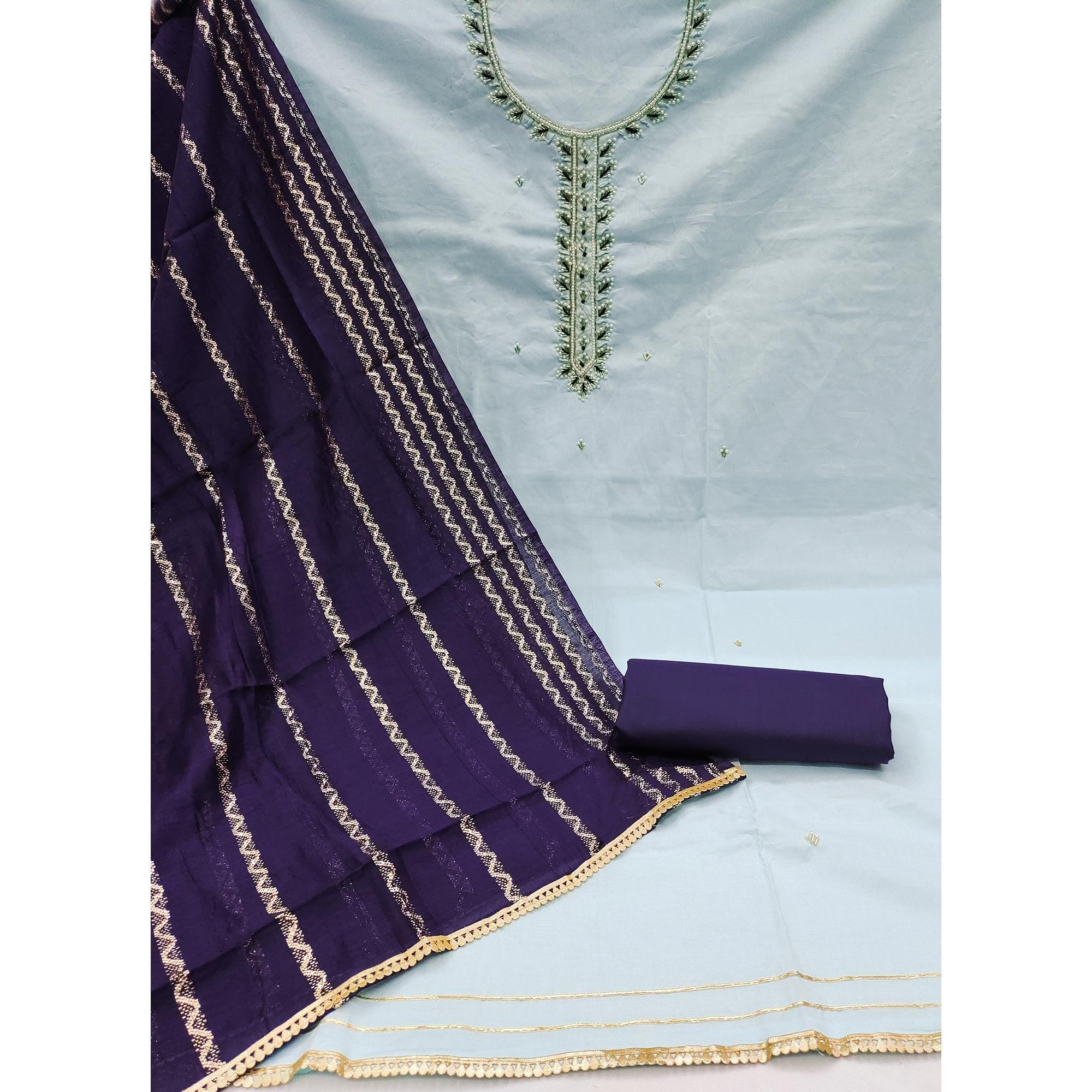 Blue Zardosi Moti Work Pure Cotton Dress Material - Image 2