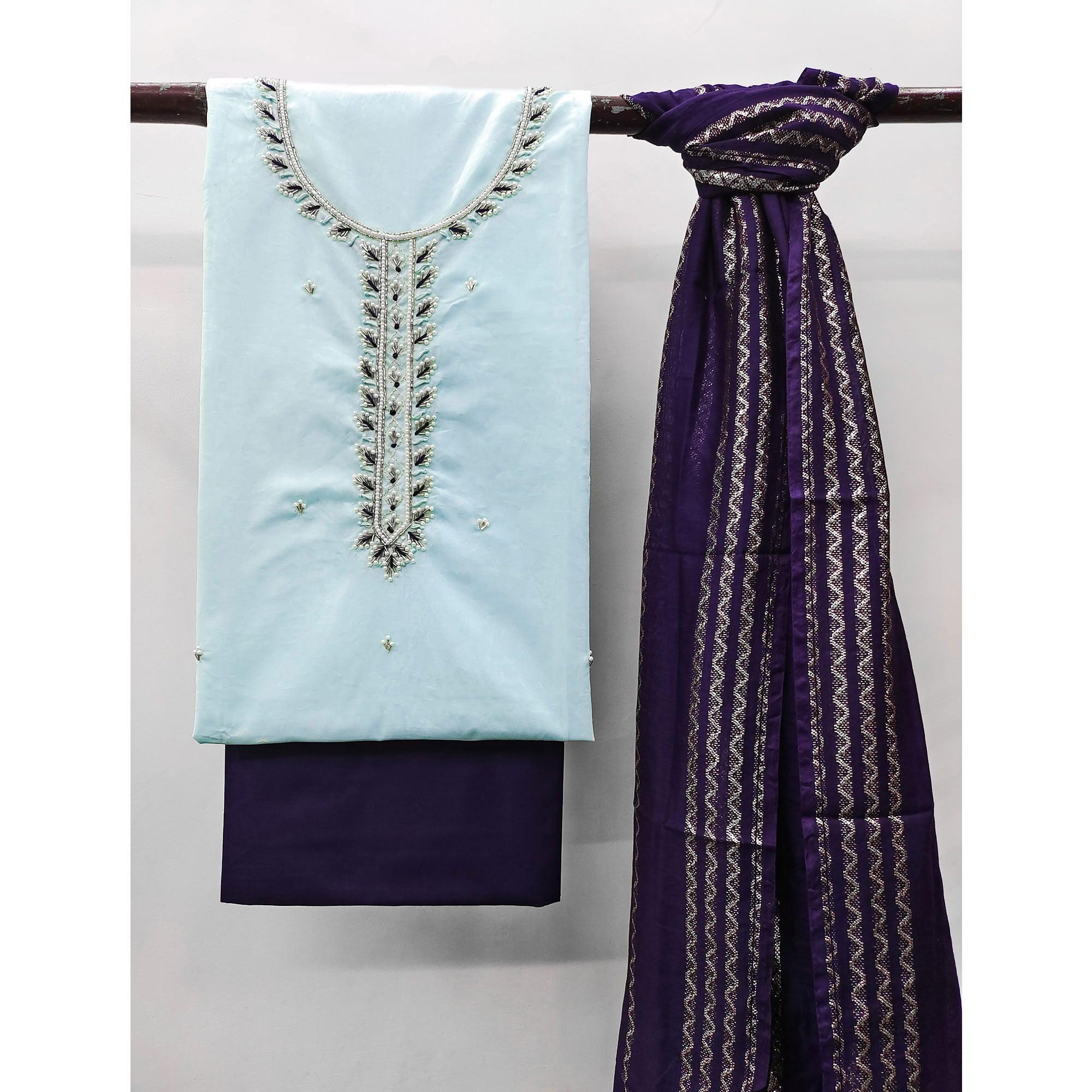 Blue Zardosi Moti Work Pure Cotton Dress Material - Image 3