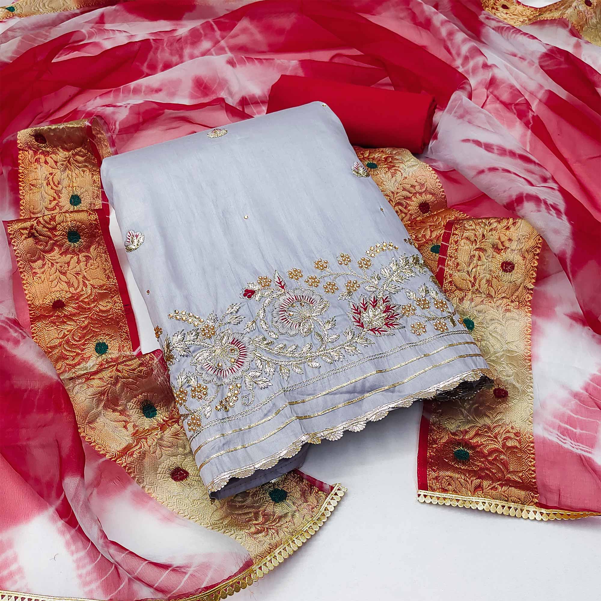 Grey Floral Embroidered Pure Cotton Dress Material
