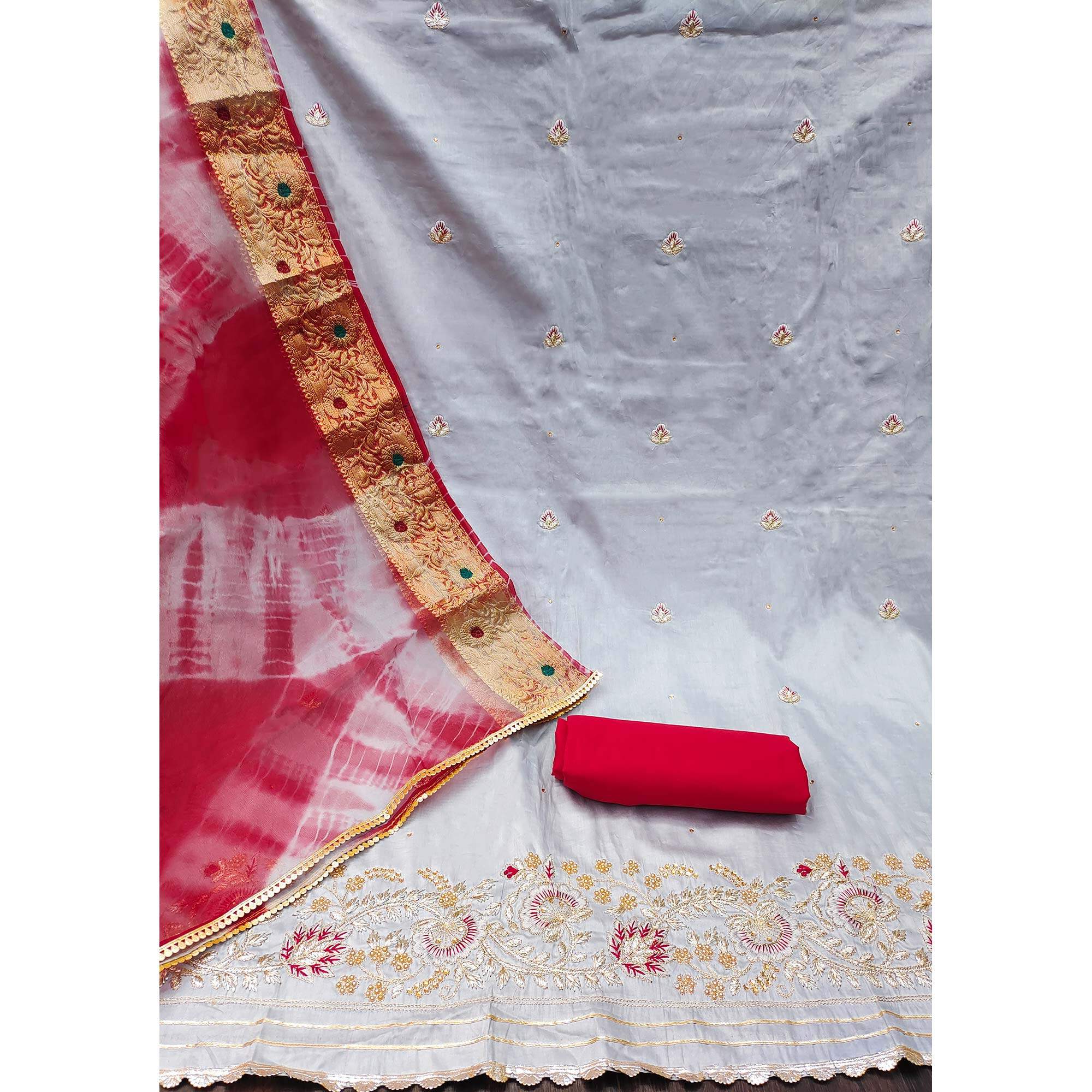 Grey Floral Embroidered Pure Cotton Dress Material - Image 2