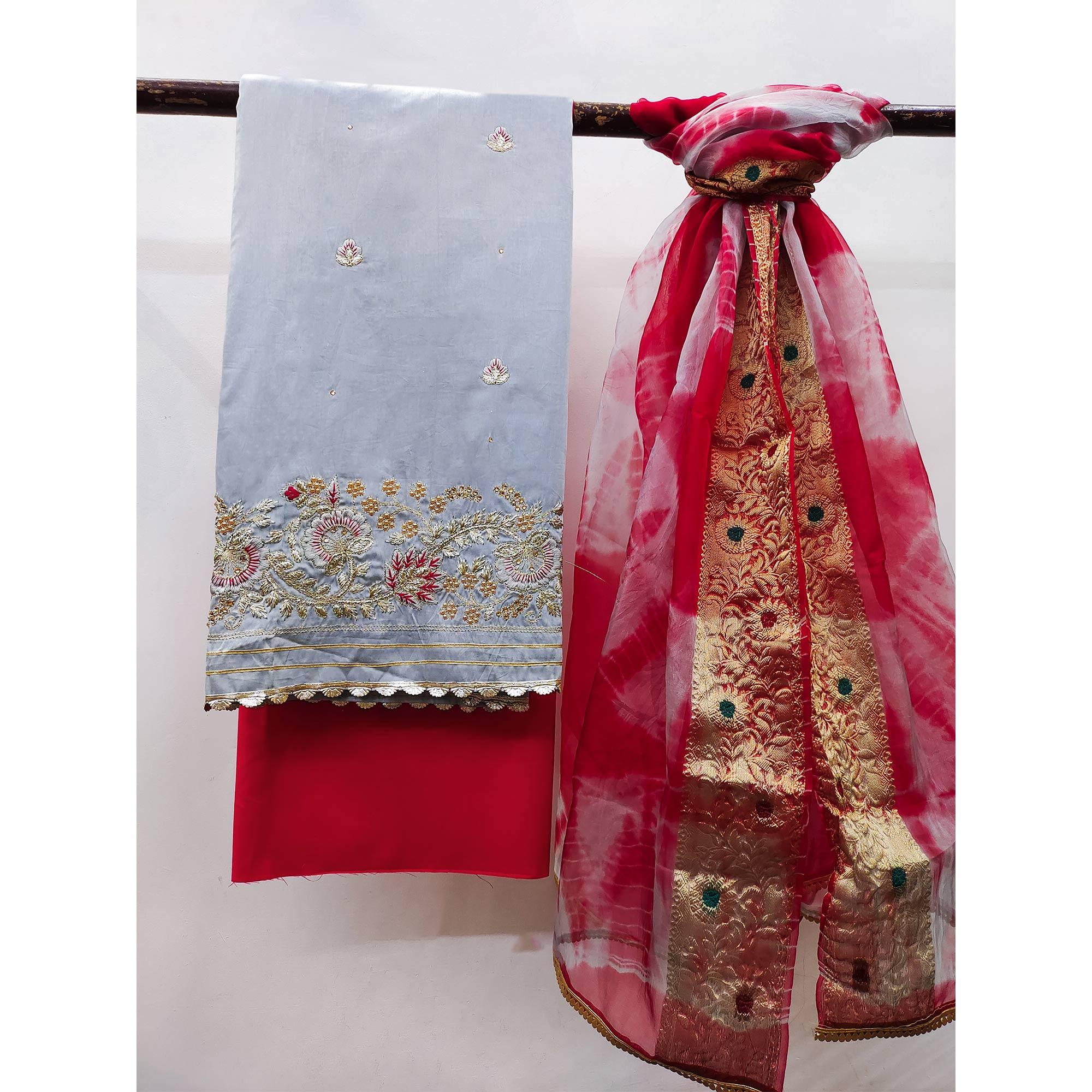 Grey Floral Embroidered Pure Cotton Dress Material - Image 3