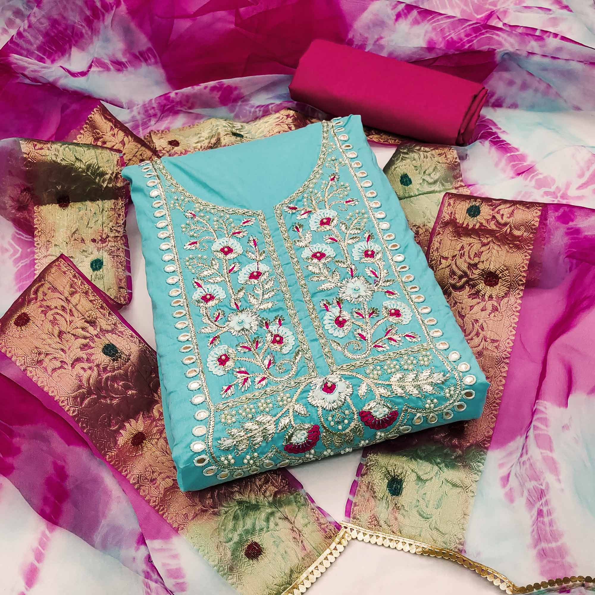 Blue Floral Embroidered Pure Cotton Dress Material