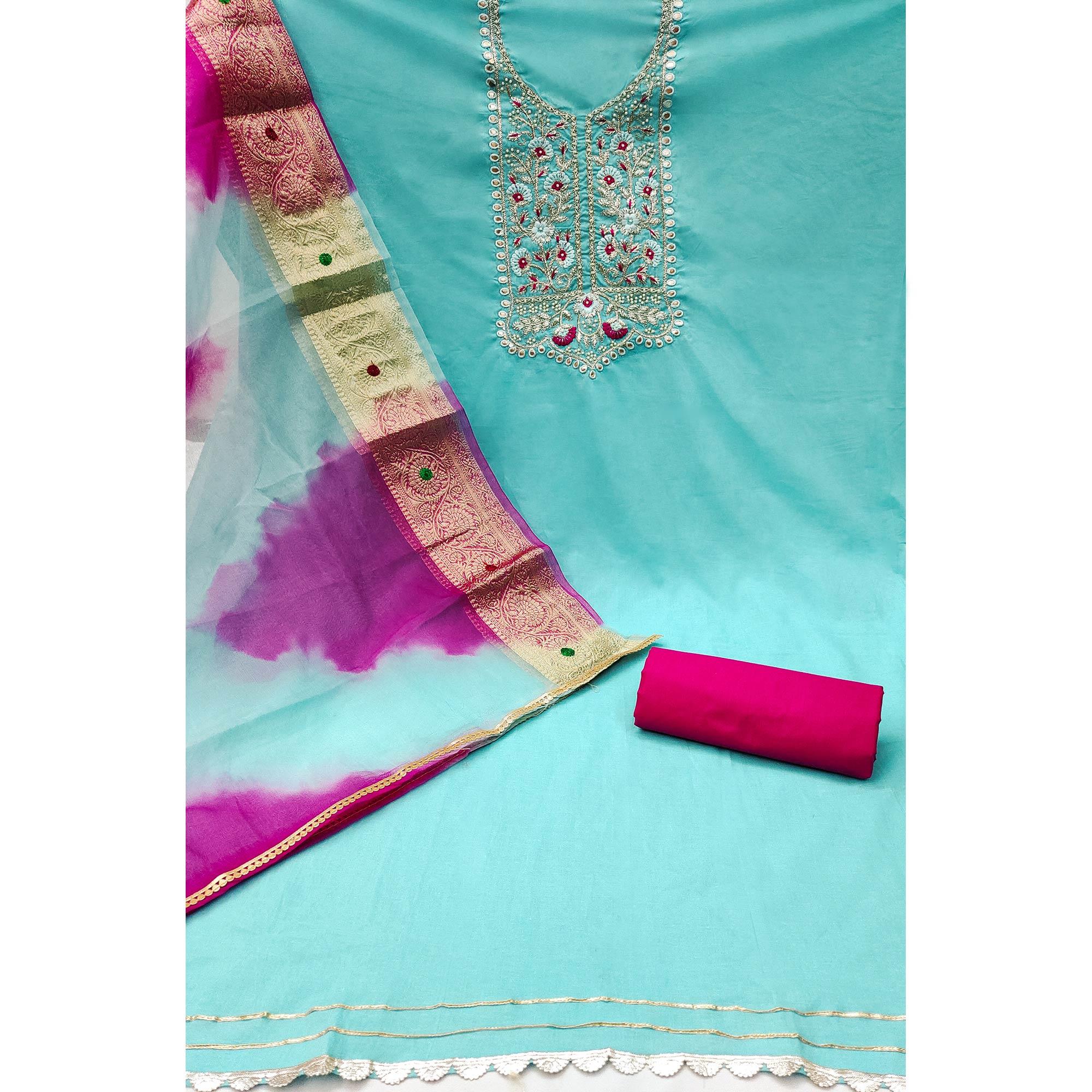 Blue Floral Embroidered Pure Cotton Dress Material - Image 2