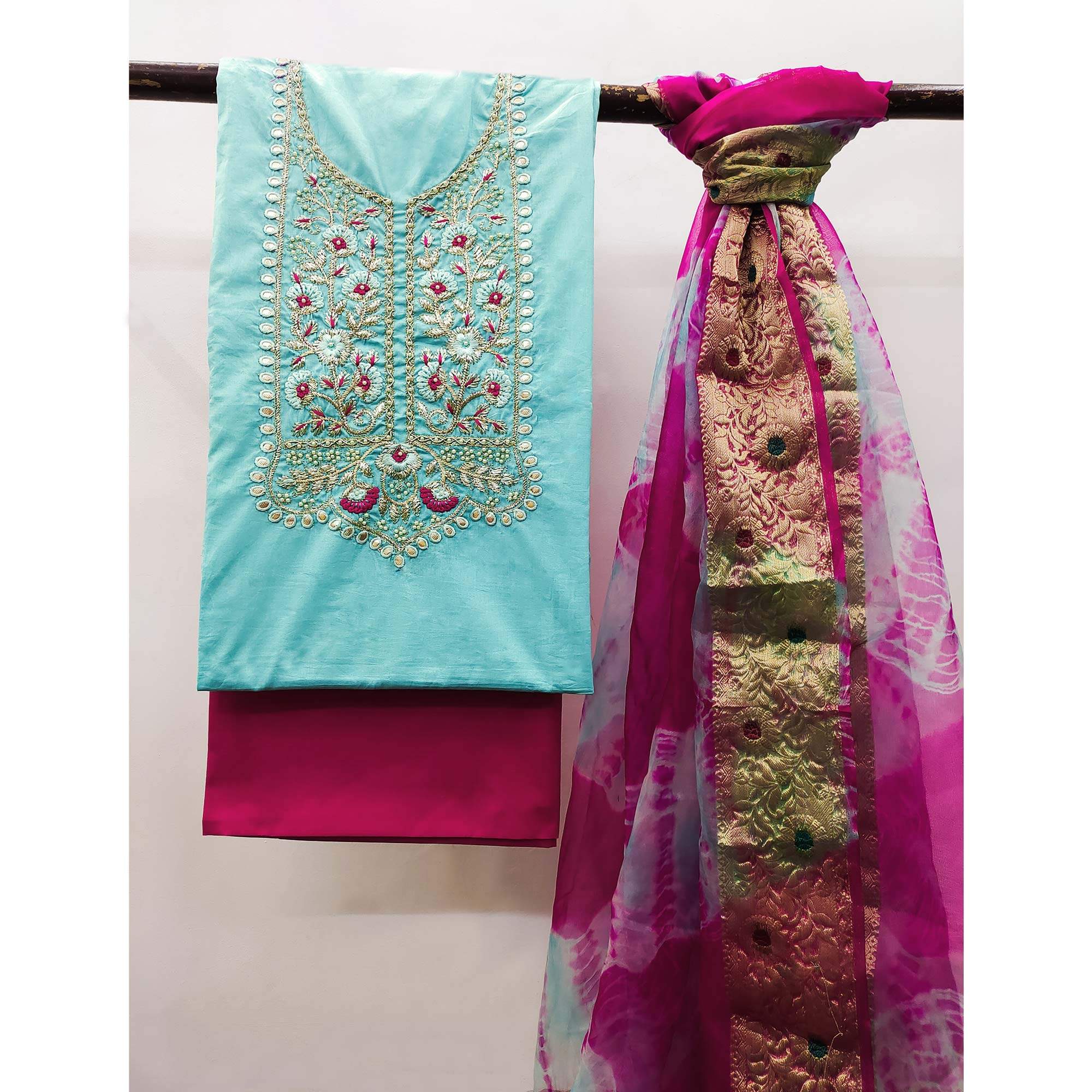 Blue Floral Embroidered Pure Cotton Dress Material - Image 3