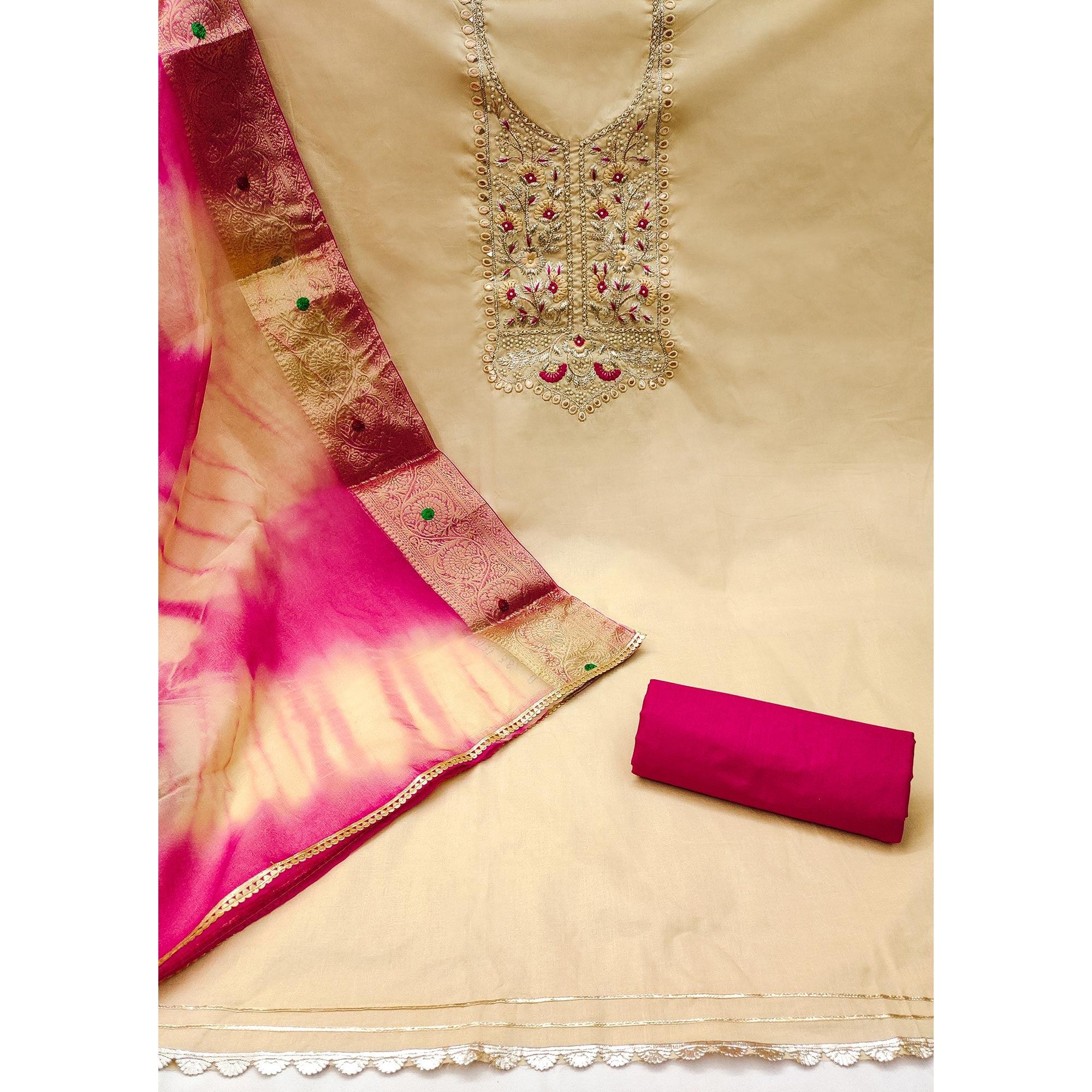 Chikoo Floral Embroidered Pure Cotton Dress Material - Image 2