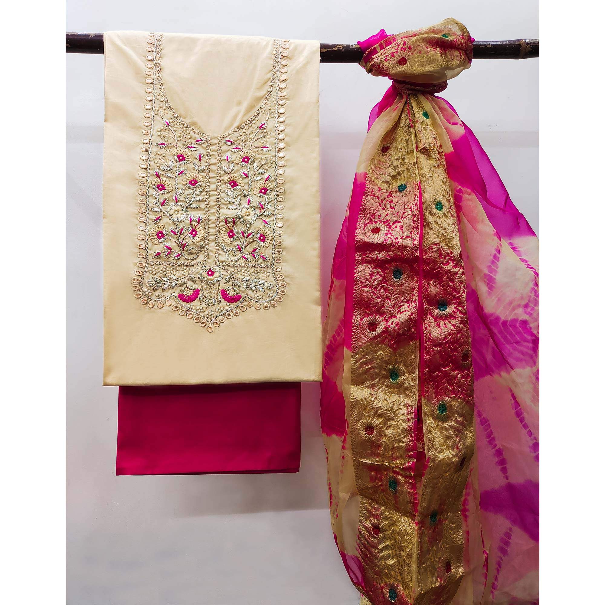 Chikoo Floral Embroidered Pure Cotton Dress Material - Image 3