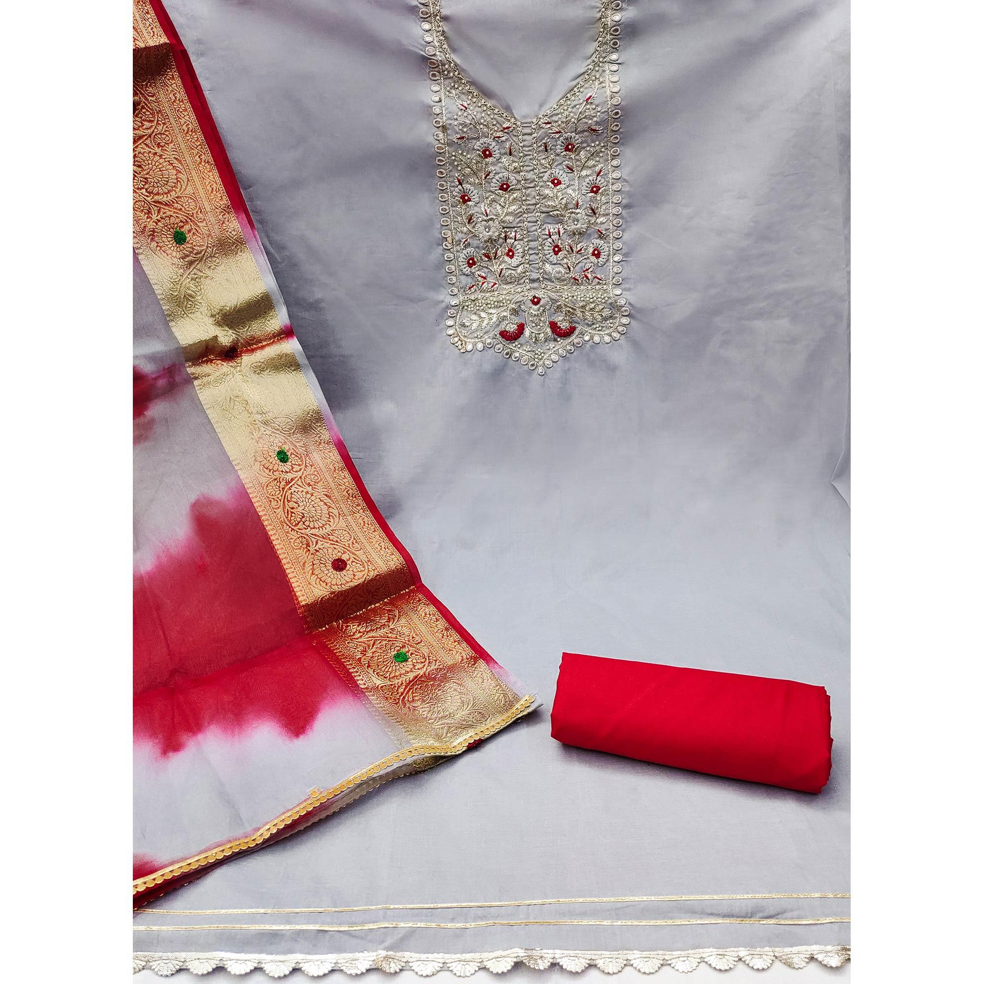 Grey Floral Embroidered Pure Cotton Dress Material - Image 2