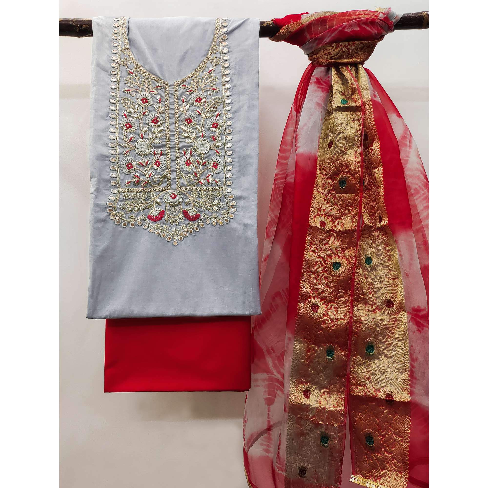 Grey Floral Embroidered Pure Cotton Dress Material - Image 3