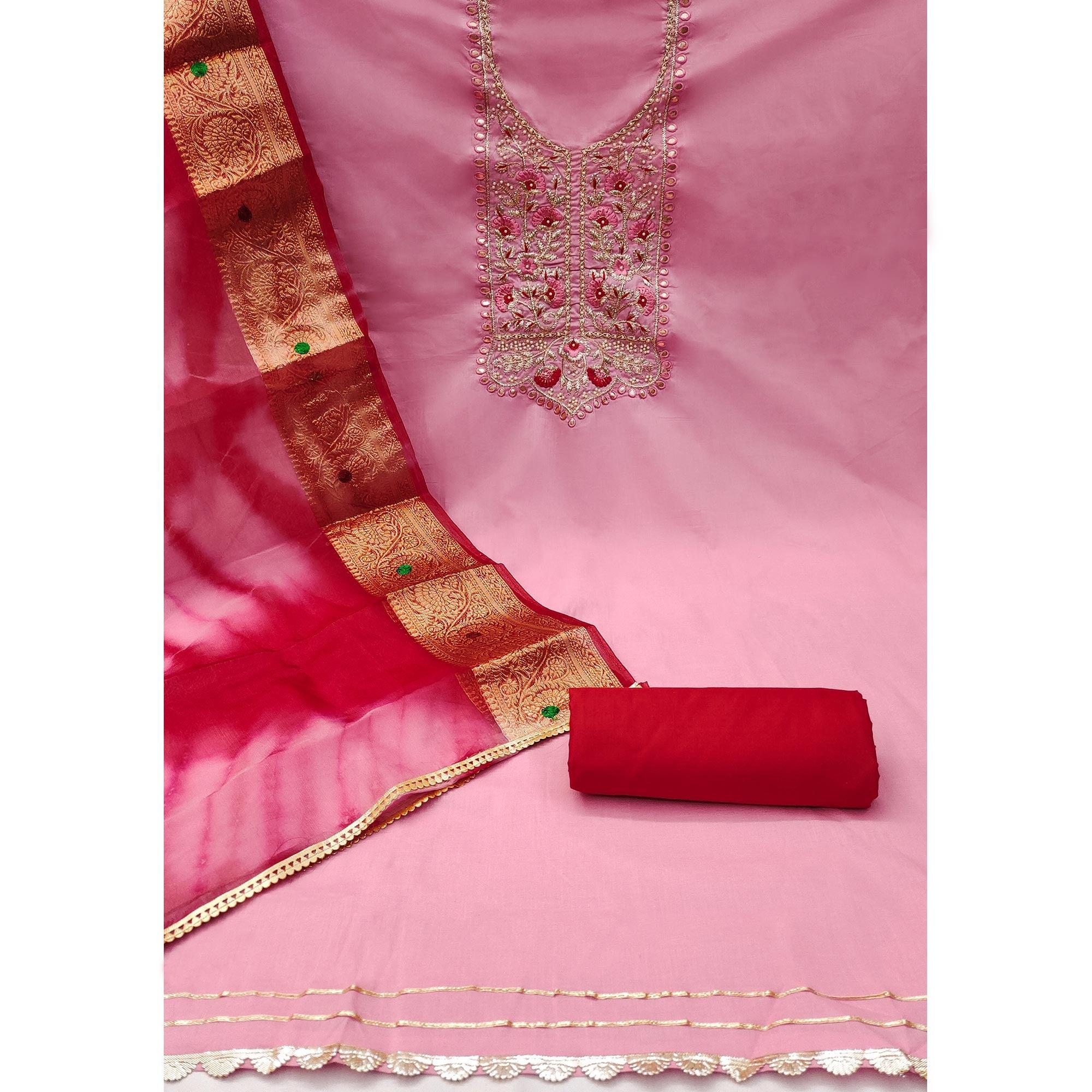 Pink Floral Embroidered Pure Cotton Dress Material - Image 2